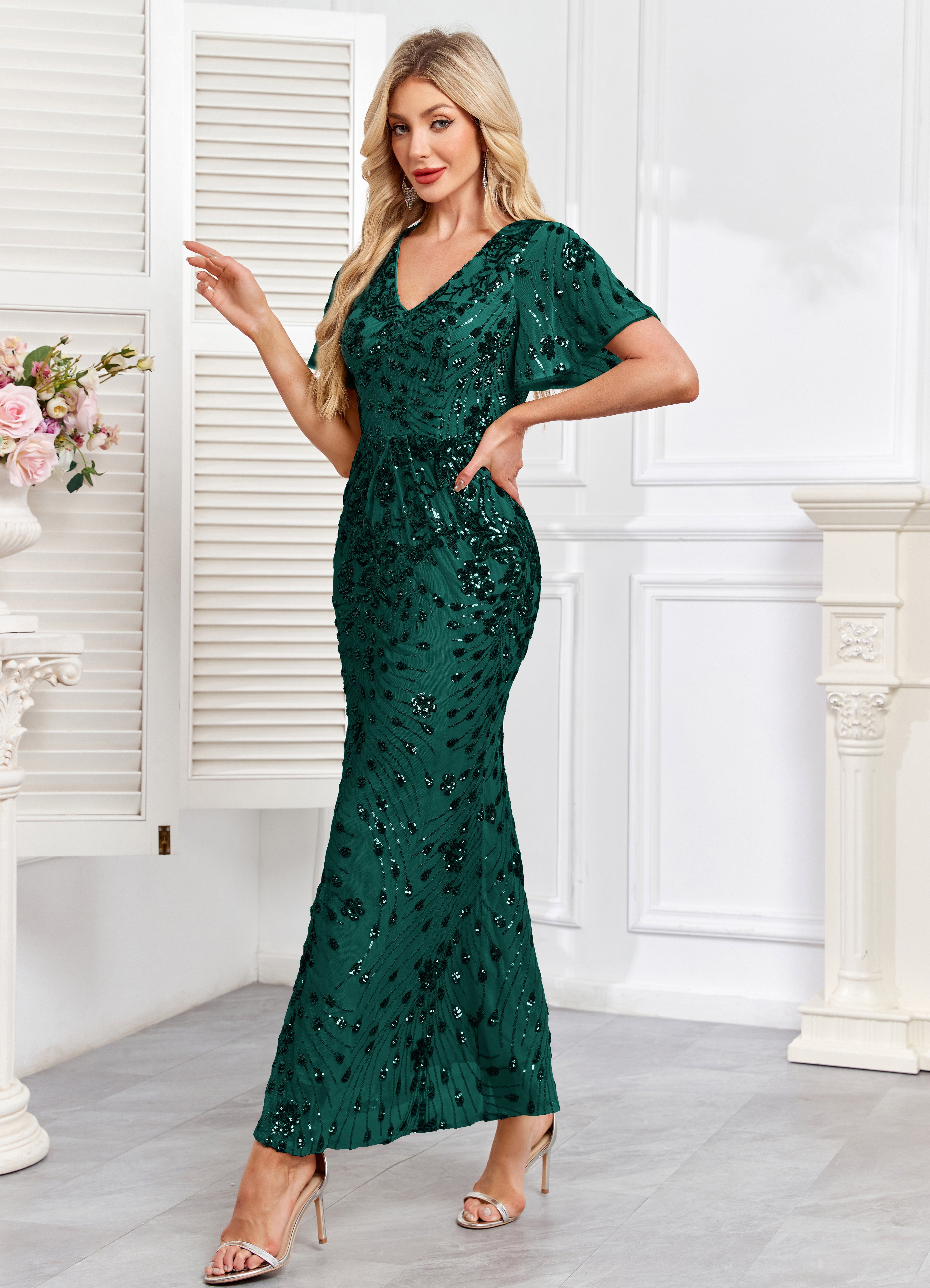Champagne Gold Sequin Short Sleeve V Neck Midi Mermaid Evening Dress