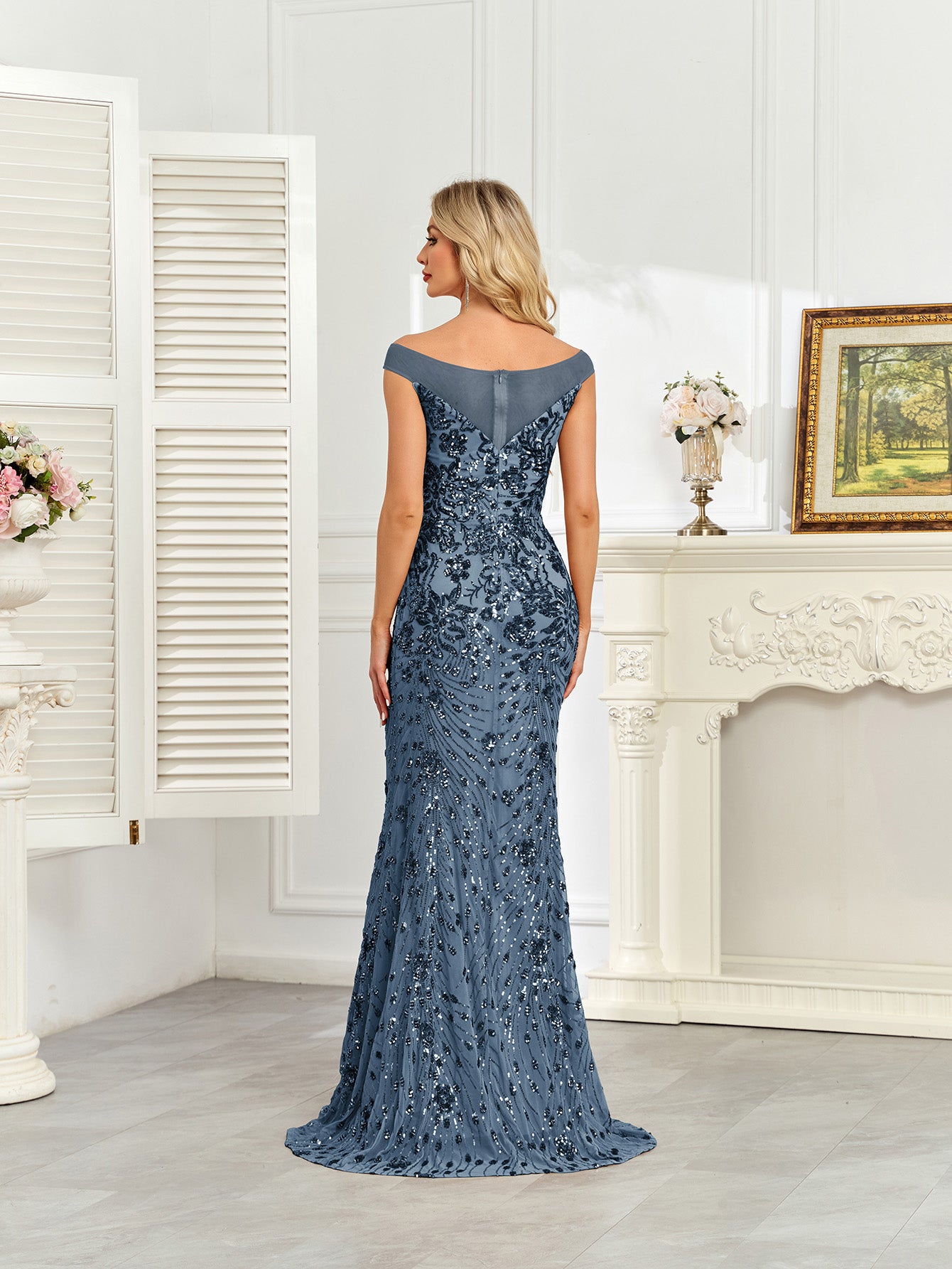 Royal Blue Sequin Off‑Shoulder Mermaid Evening Gown