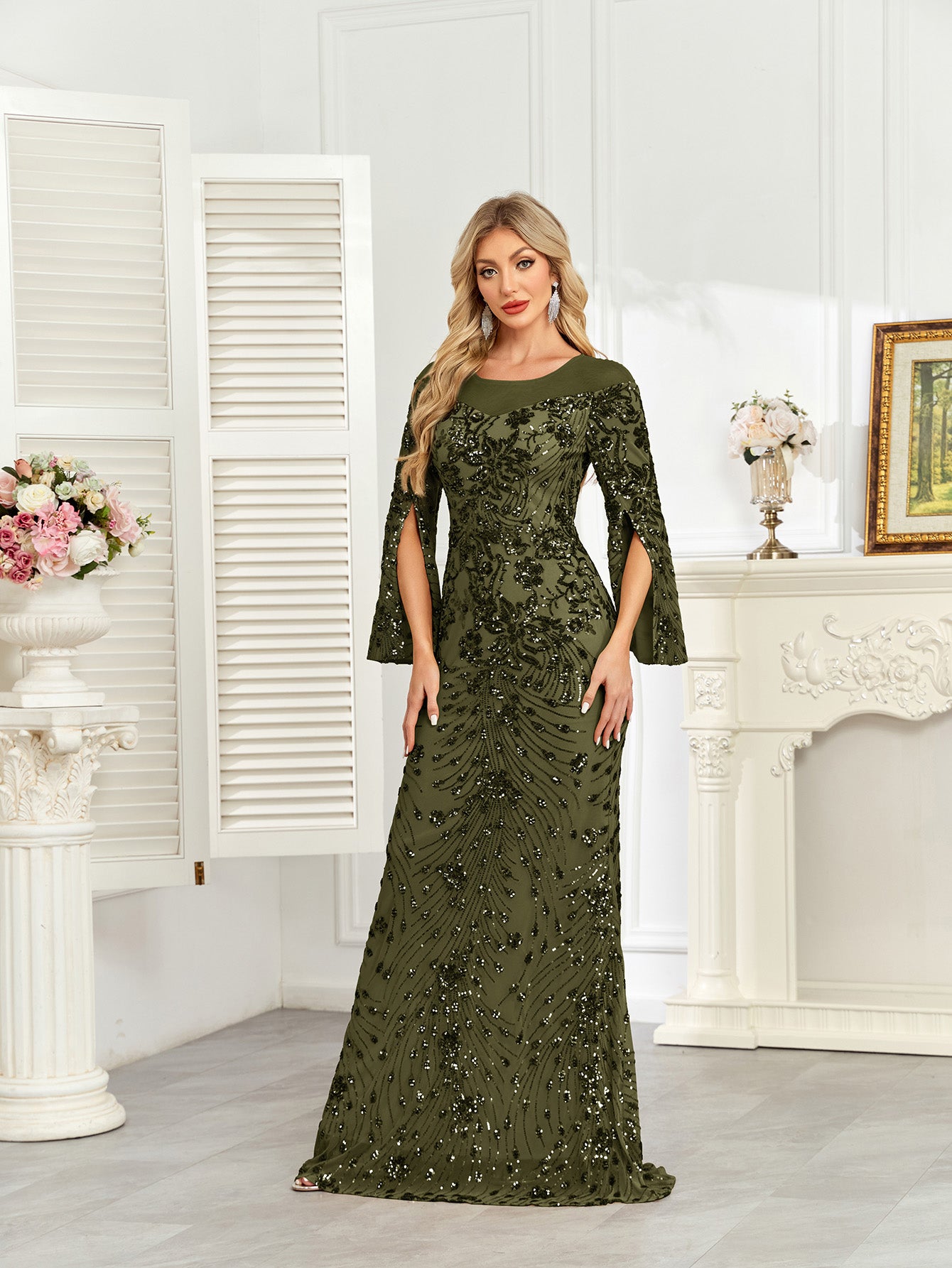Royal Blue Sequin Split Flare‑Sleeve Mermaid Evening Gown