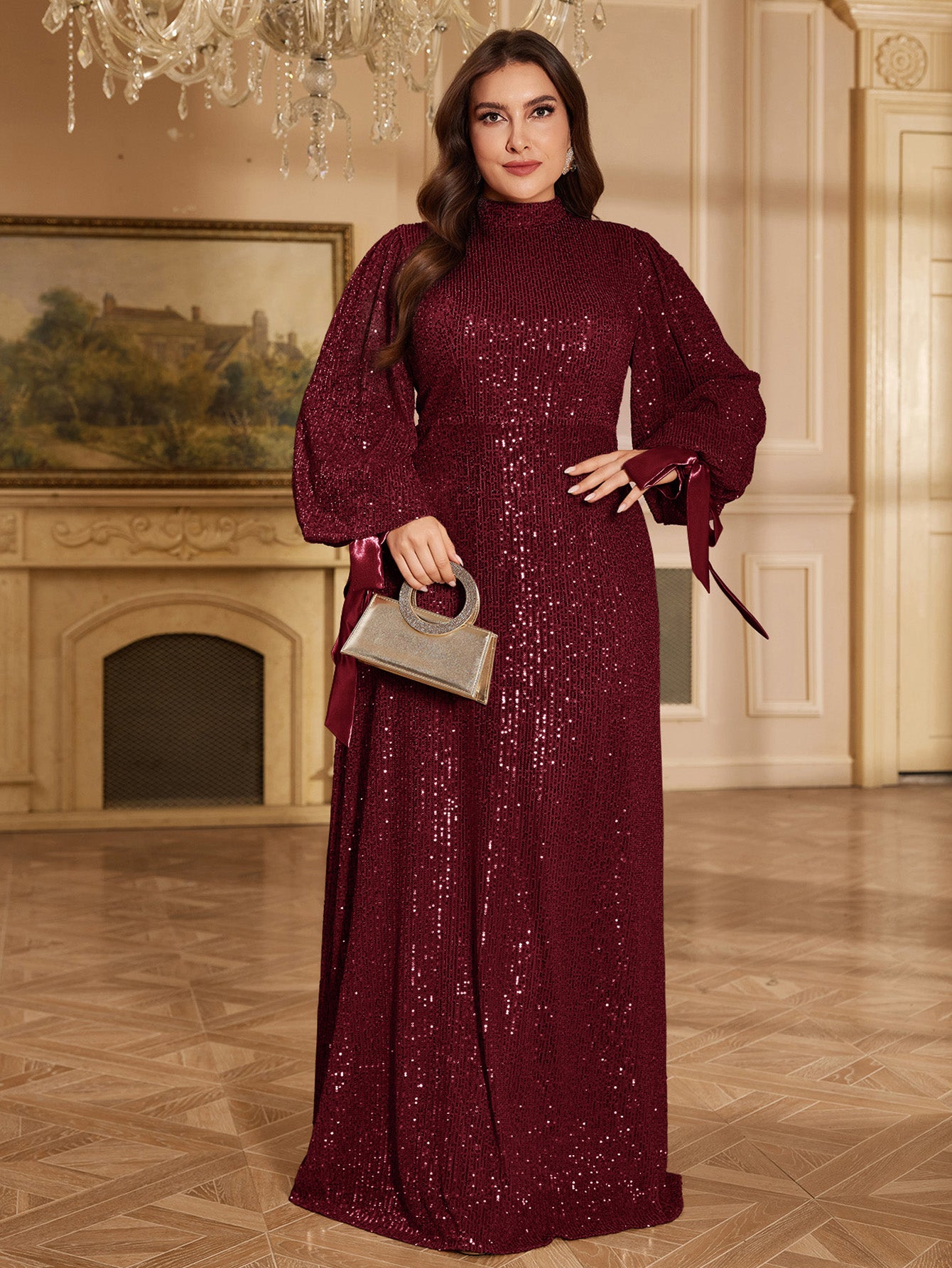Champagne Bronze Floral Sequin Asymmetric Sleeve Mermaid Evening Gown