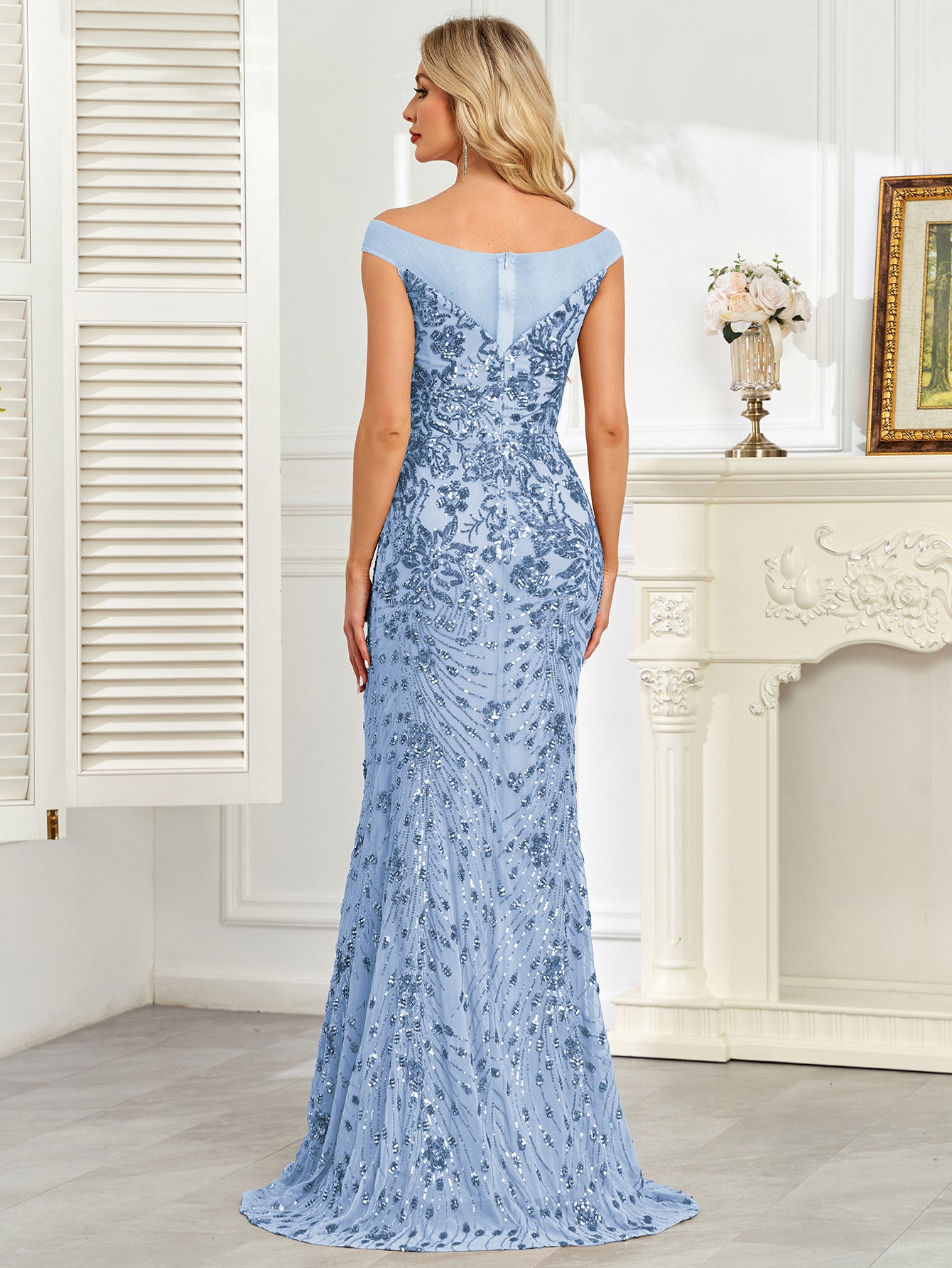 Royal Blue Sequin Off‑Shoulder Mermaid Evening Gown