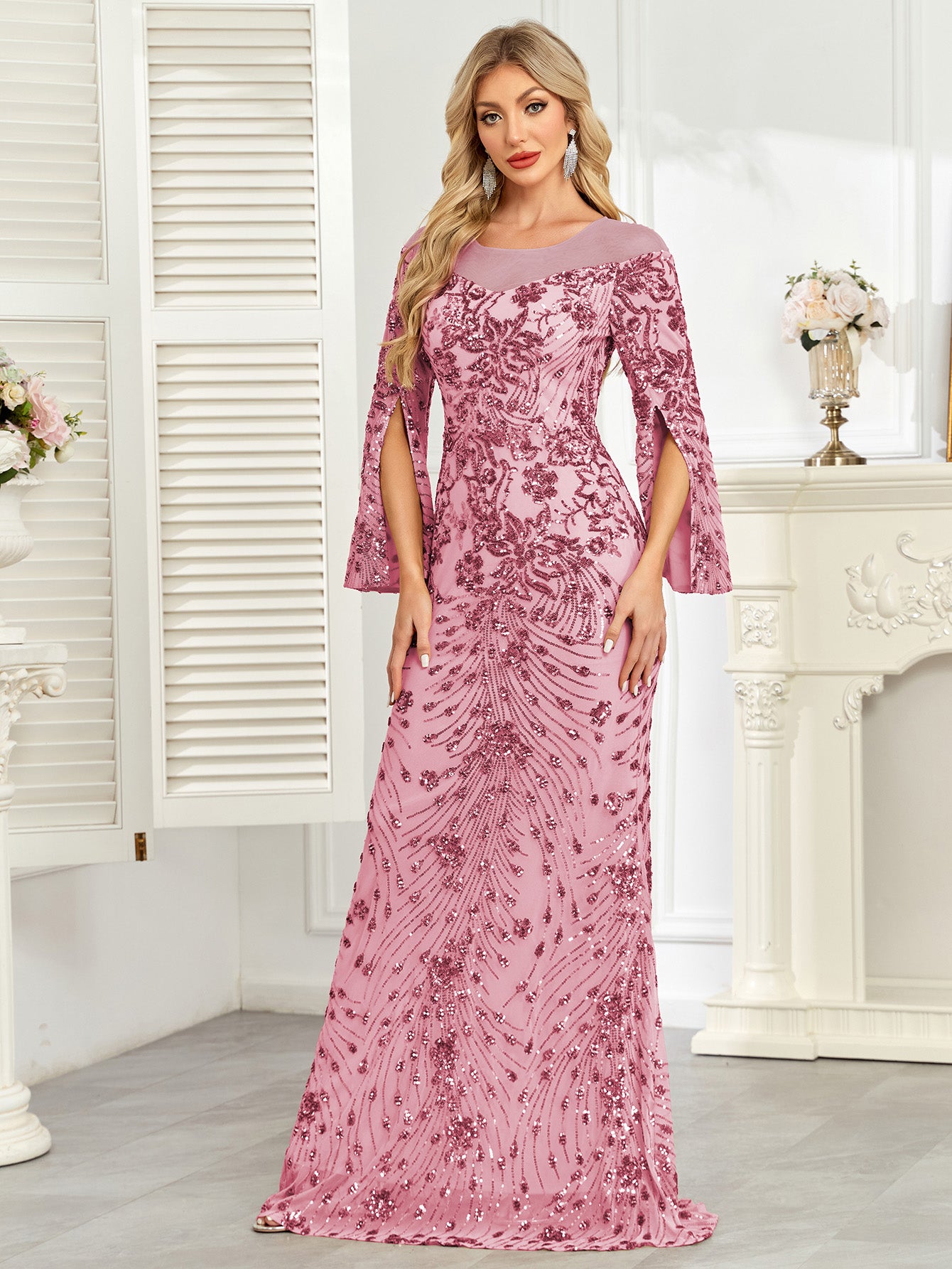 Royal Blue Sequin Split Flare‑Sleeve Mermaid Evening Gown