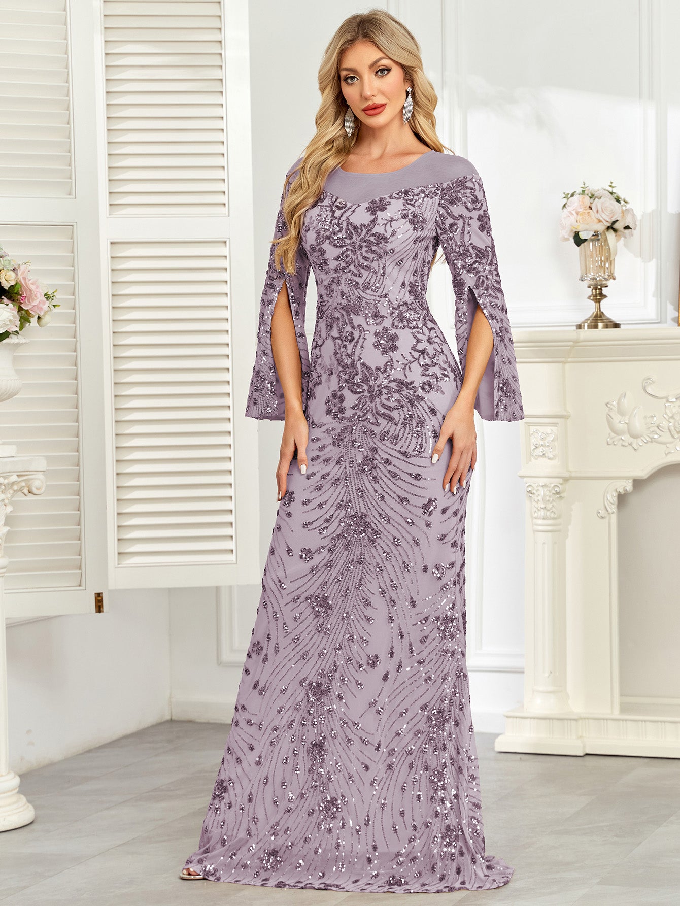 Royal Blue Sequin Split Flare‑Sleeve Mermaid Evening Gown
