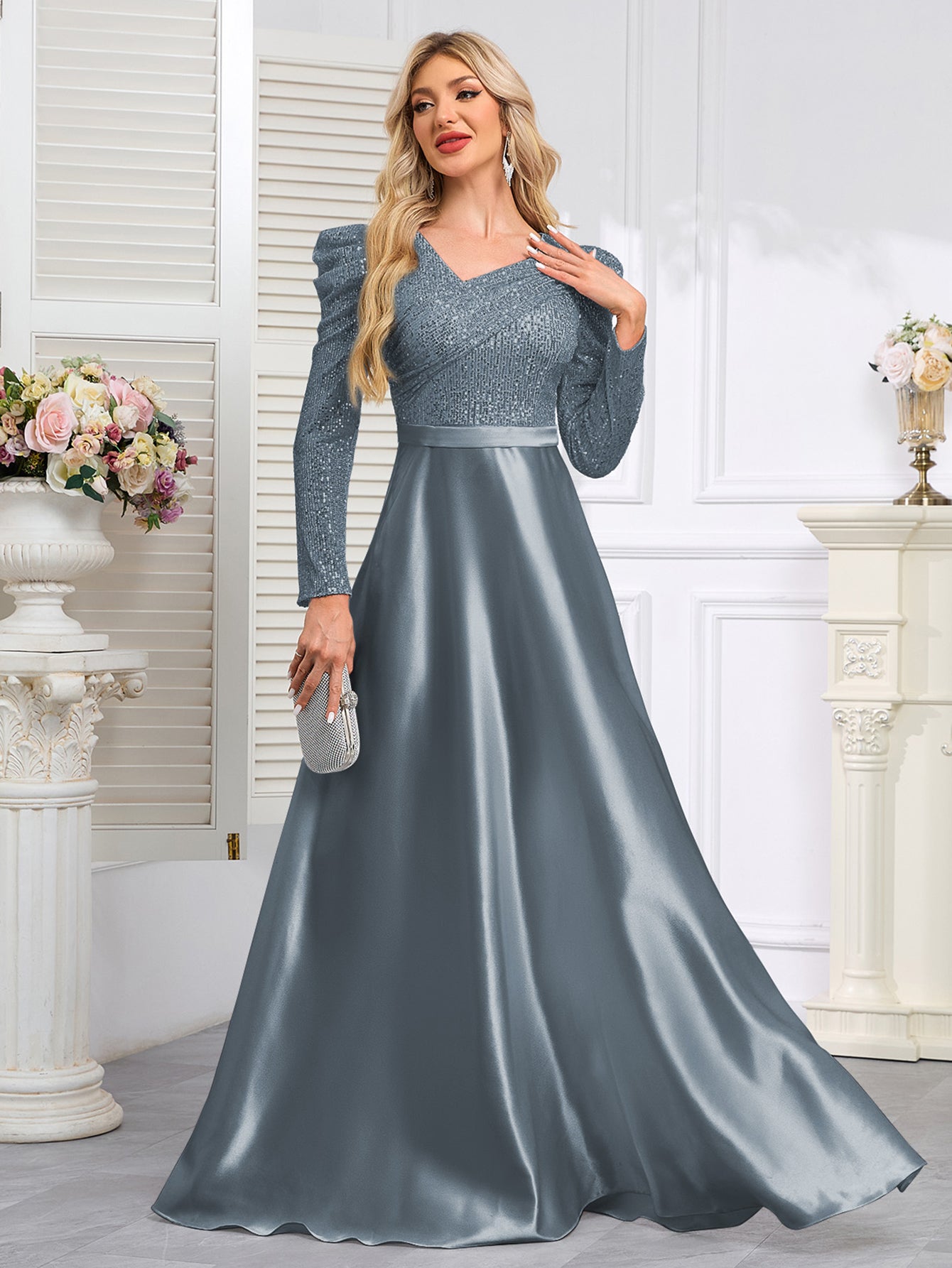 Dark Blue Satin Sequin Maxi Dress