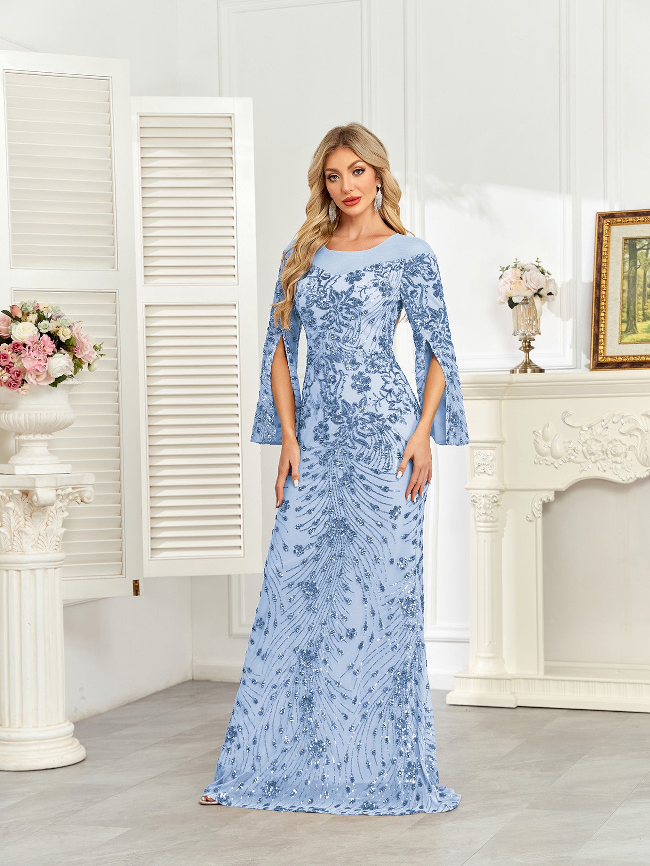 Royal Blue Sequin Split Flare‑Sleeve Mermaid Evening Gown
