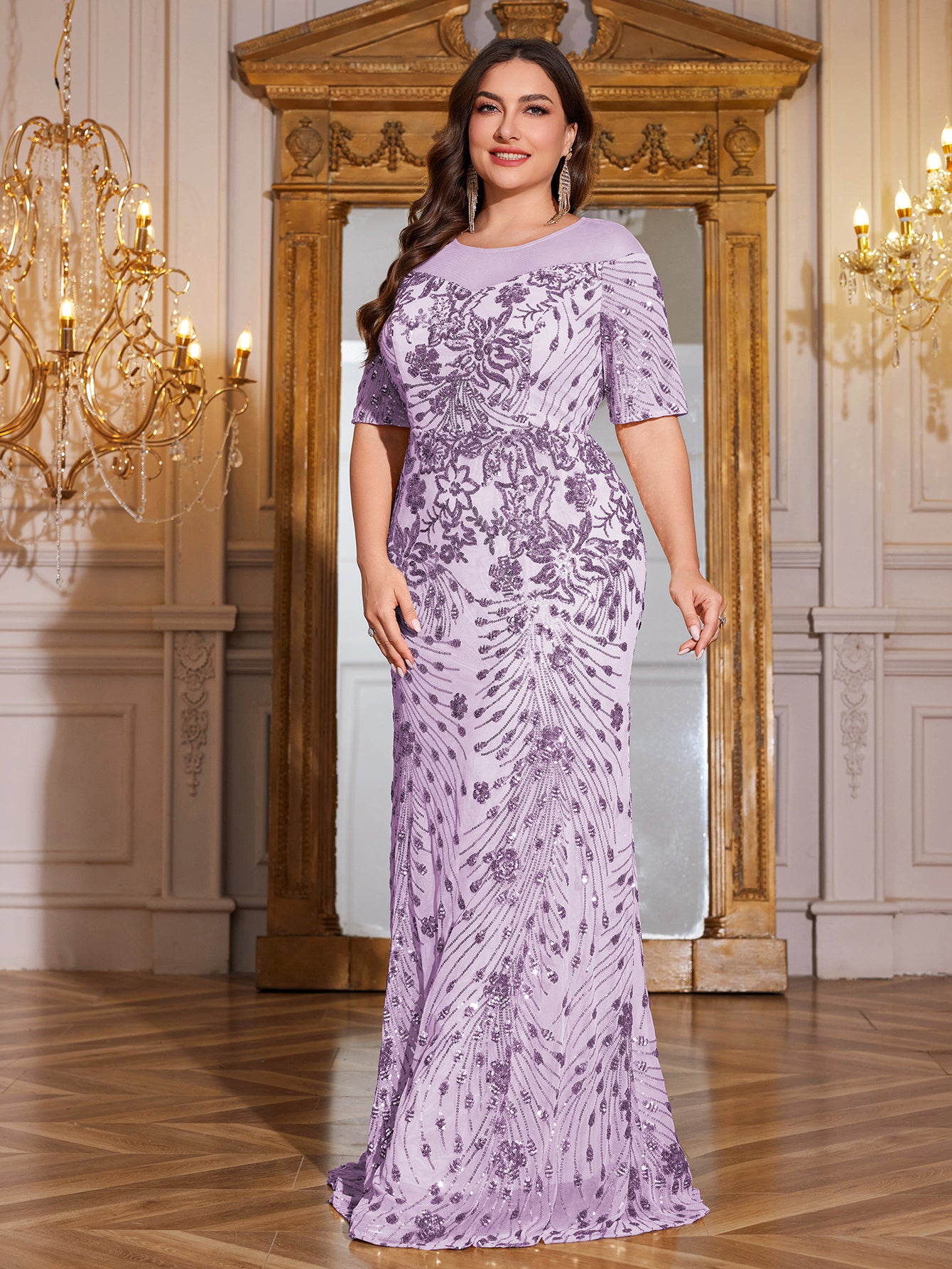 Teal Green Sequin Short Sleeve Mermaid Plus Size Evening Gown