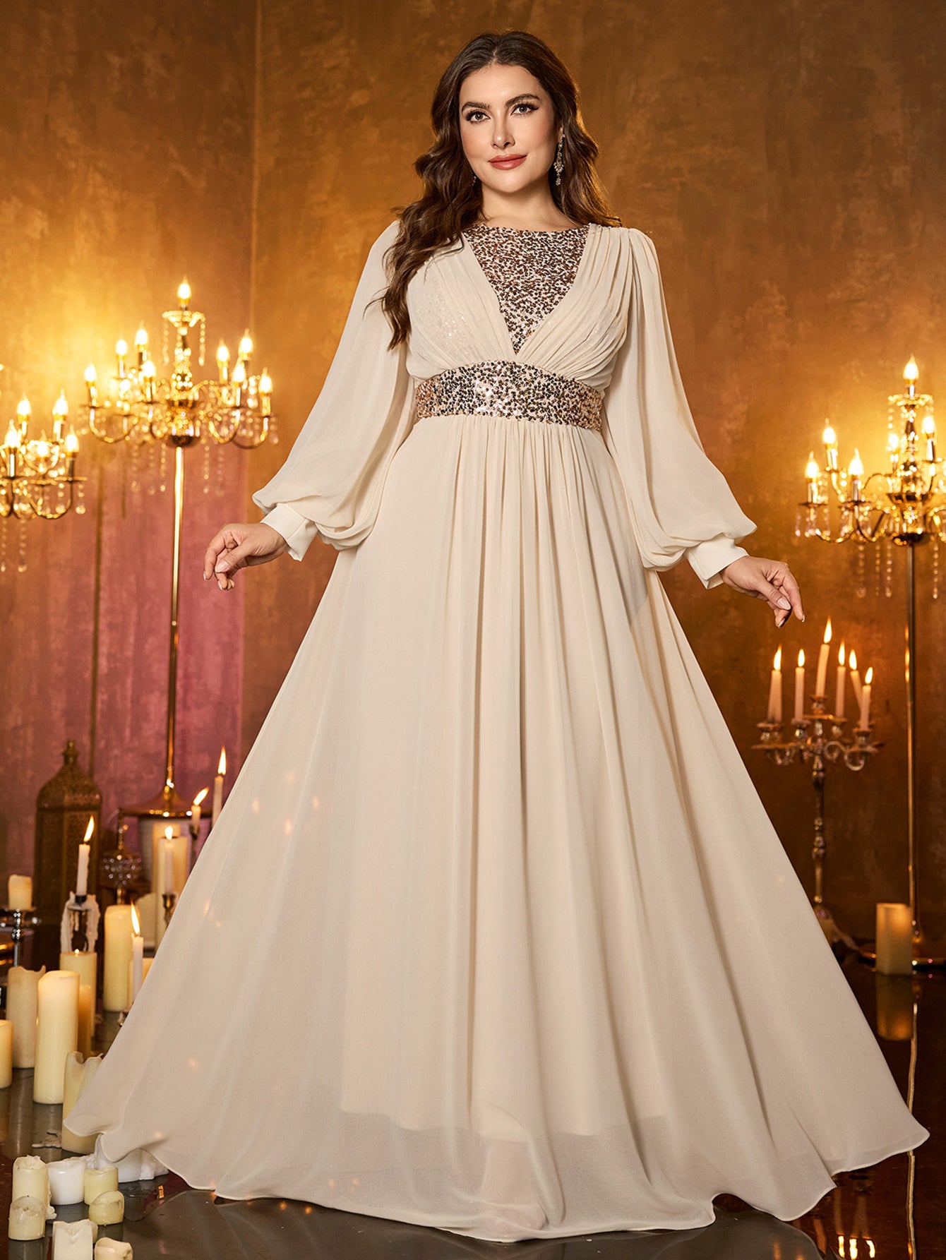 Off‑White Sheer Chiffon Lantern Sleeve Silver Beaded Waist Plus‑Size A‑Line Formal Dress