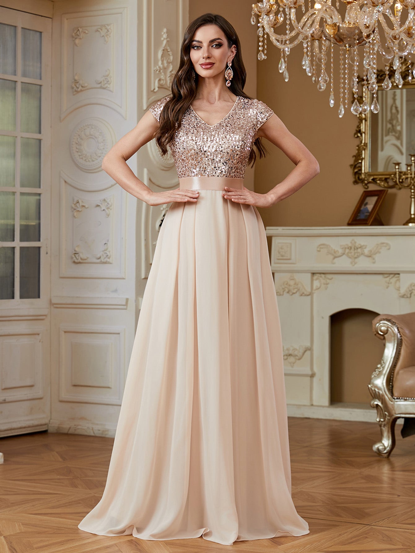 Champagne Sequin Cap Sleeve V Neck A Line Long Evening Dress