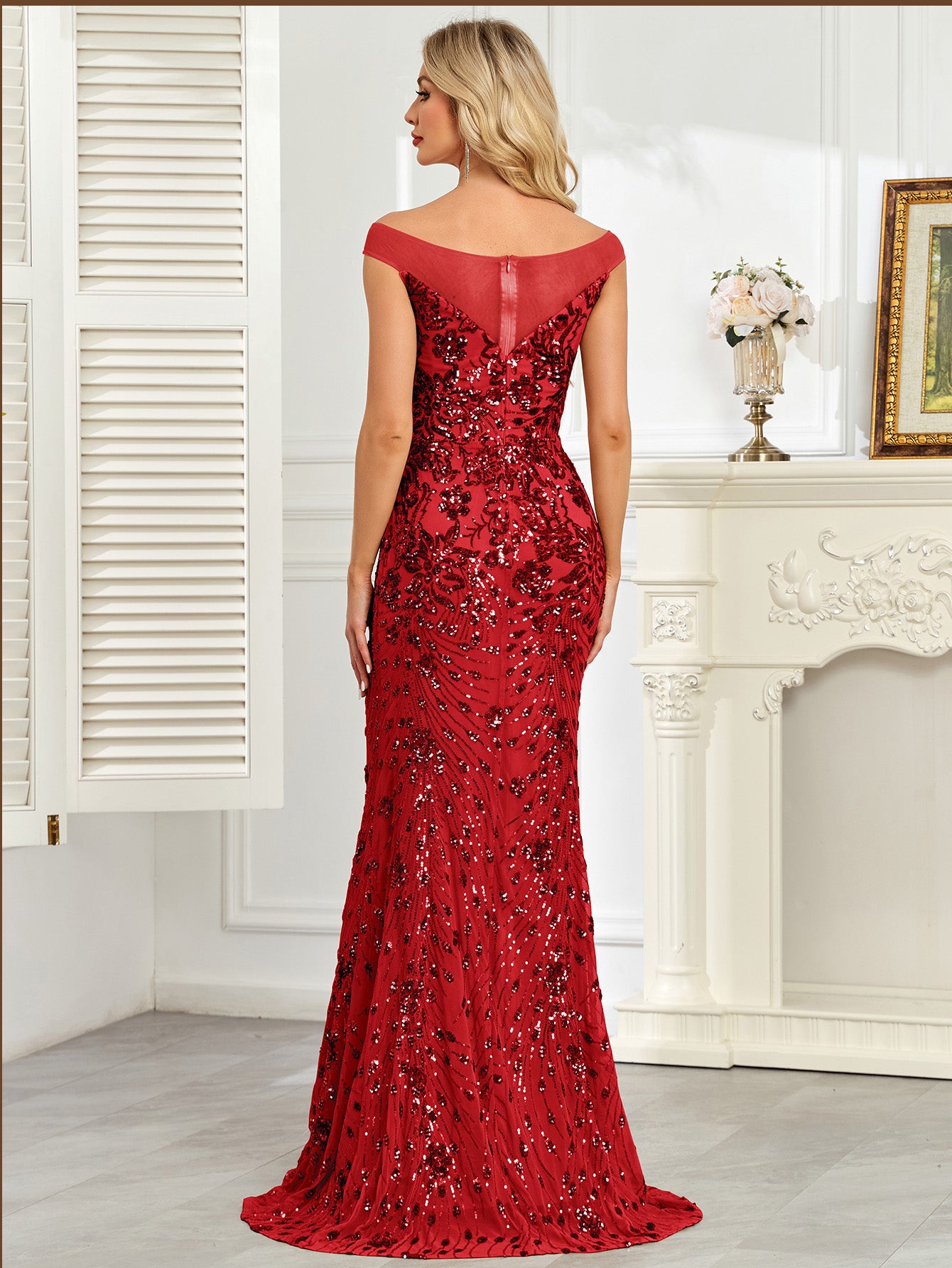 Royal Blue Sequin Off‑Shoulder Mermaid Evening Gown