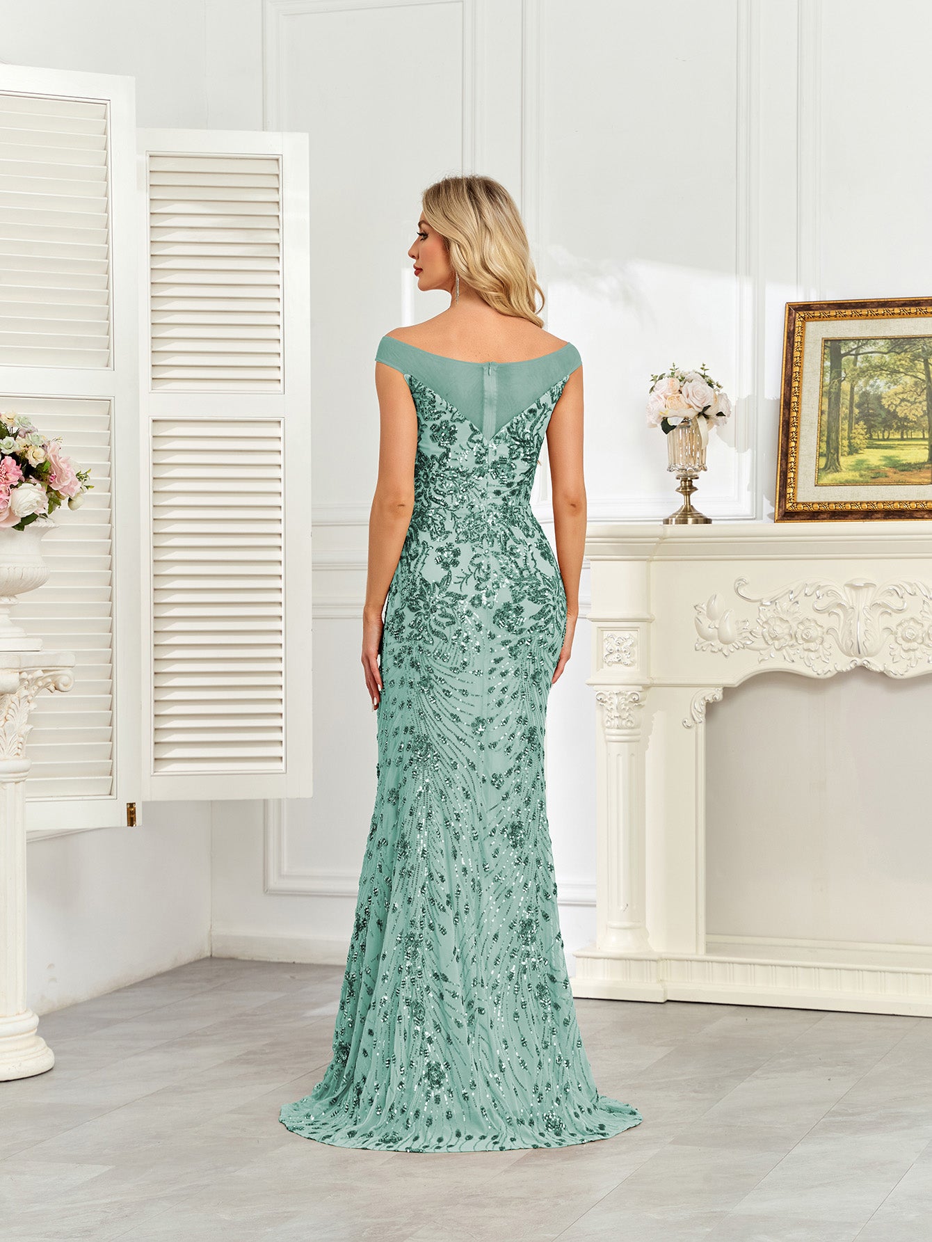 Royal Blue Sequin Off‑Shoulder Mermaid Evening Gown
