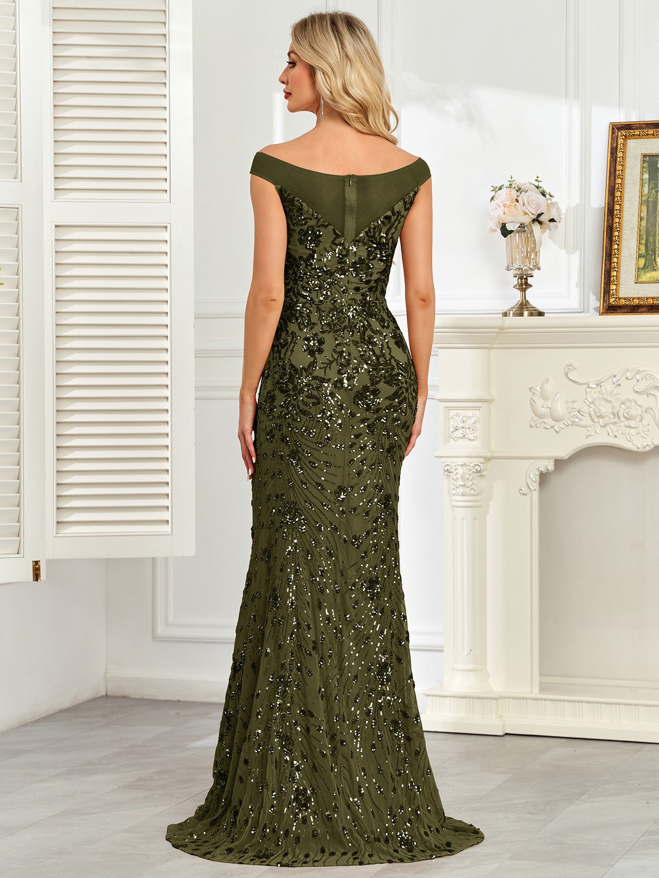 Royal Blue Sequin Off‑Shoulder Mermaid Evening Gown