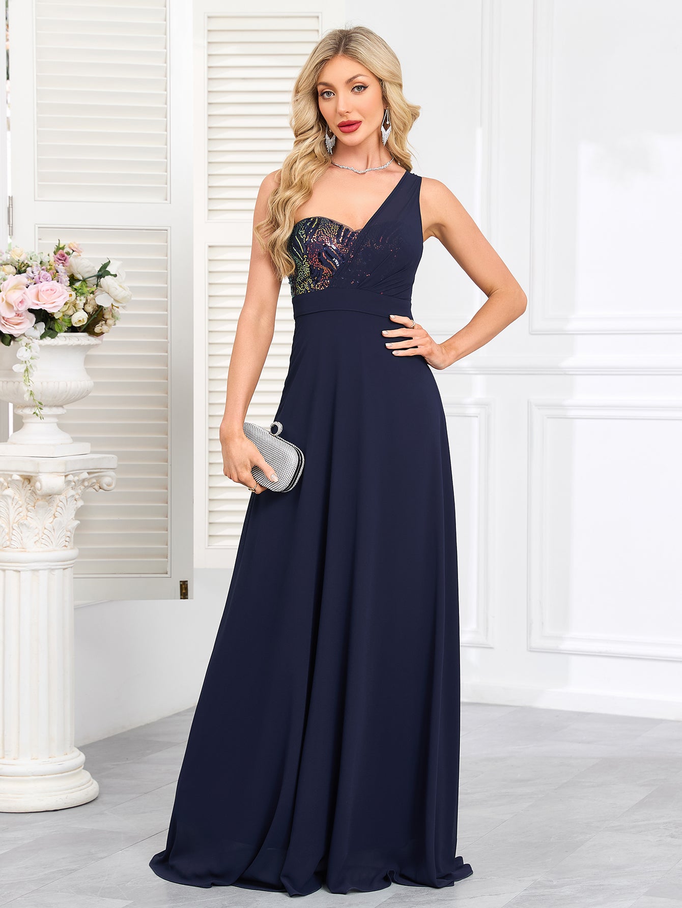 Navy Sequin One‑Shoulder A‑Line Maxi Evening Gown