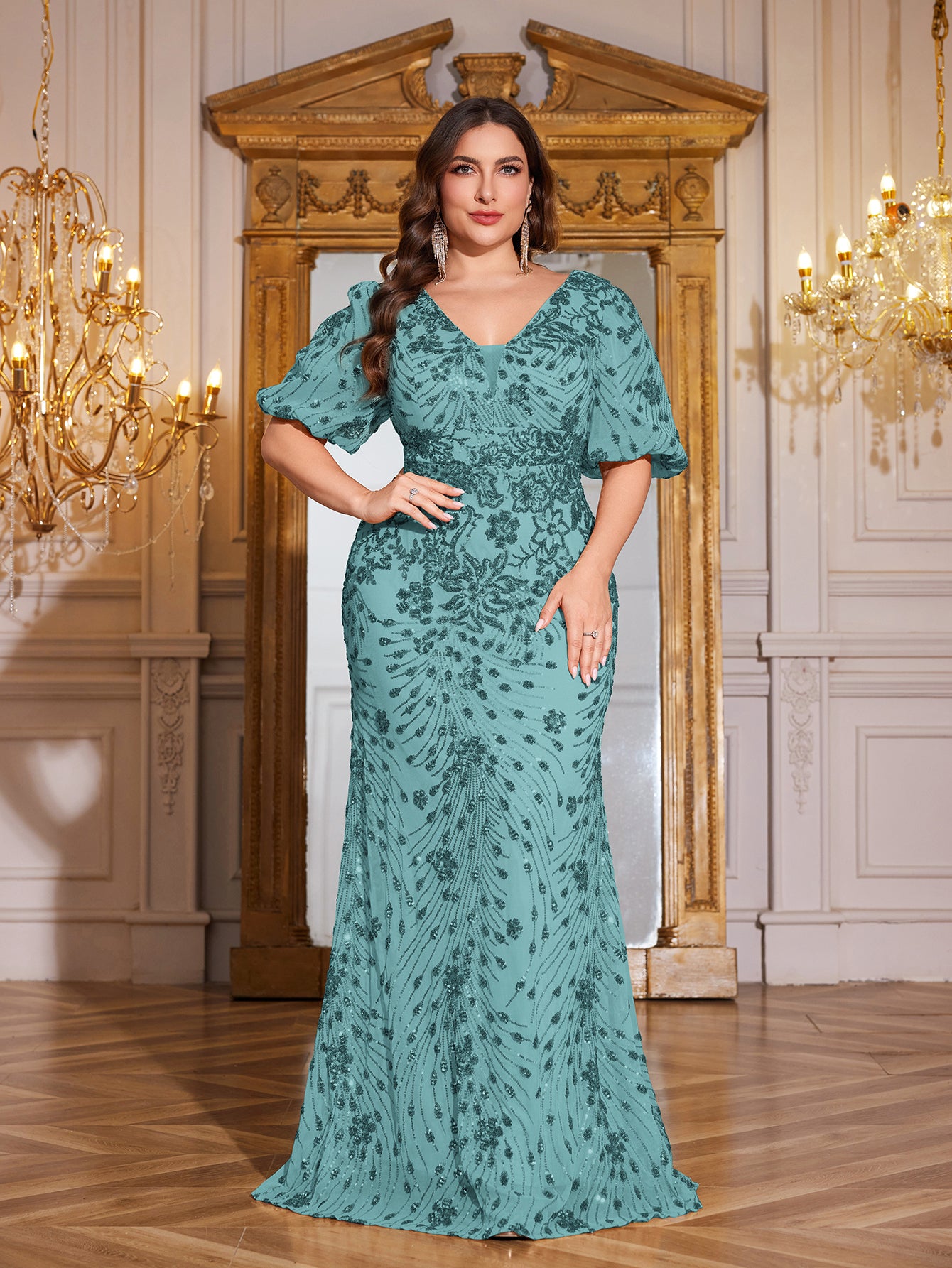Navy Blue Sequin Puff Short Sleeve Mermaid Plus Size Evening Gown