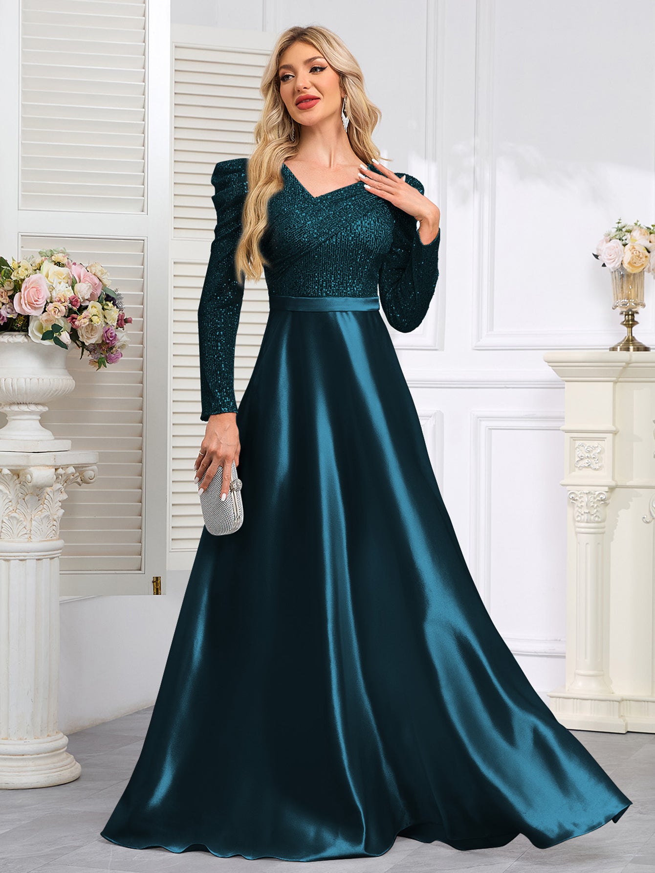 Dark Blue Satin Sequin Maxi Dress