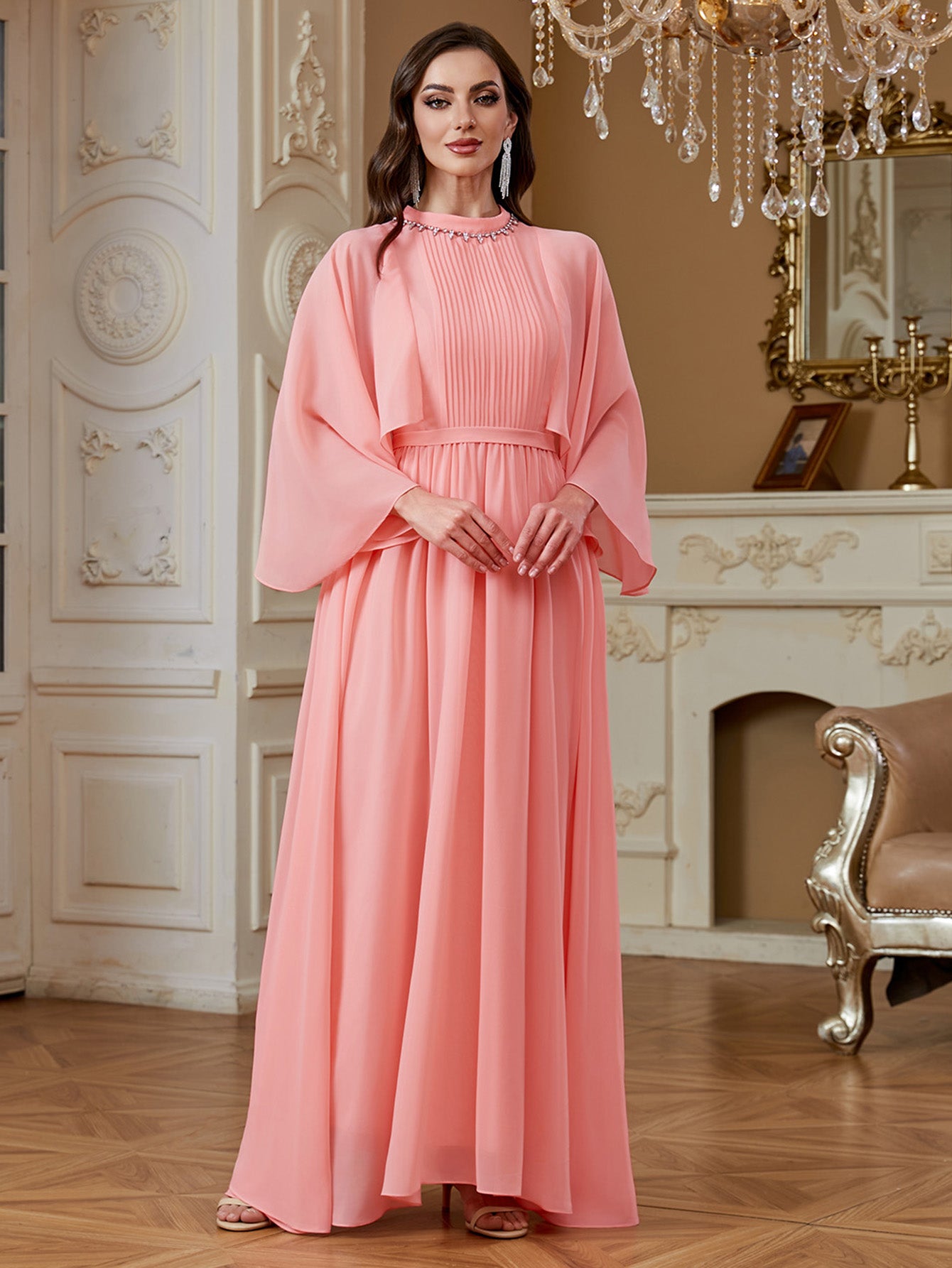 Peach Pink Rhinestone High Neck Cape Sleeve A‑Line Gown