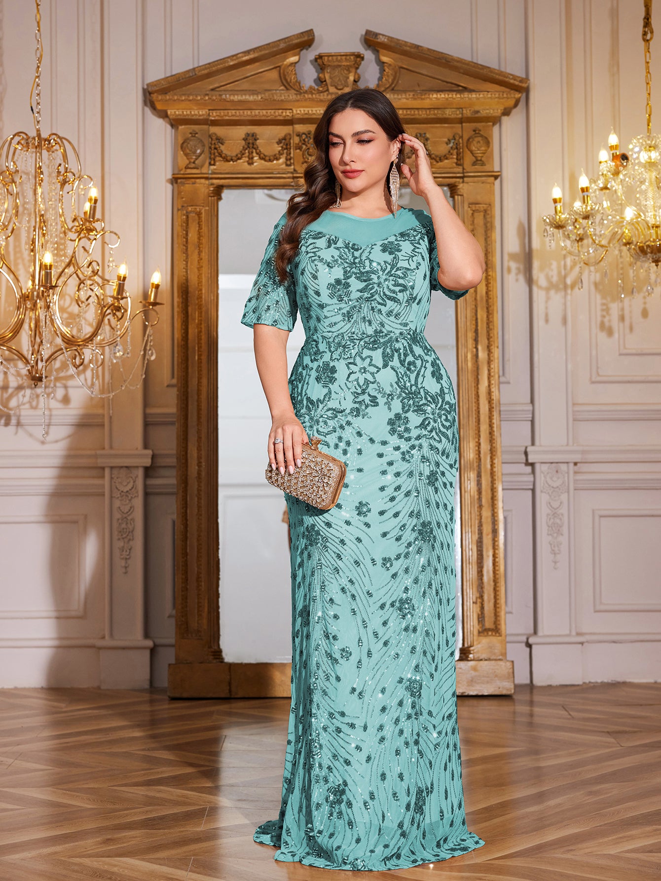 Teal Green Sequin Short Sleeve Mermaid Plus Size Evening Gown