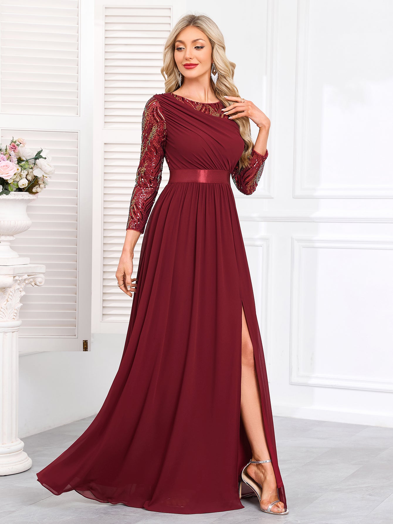 Navy Sequin One‑Shoulder A‑Line Maxi Evening Gown