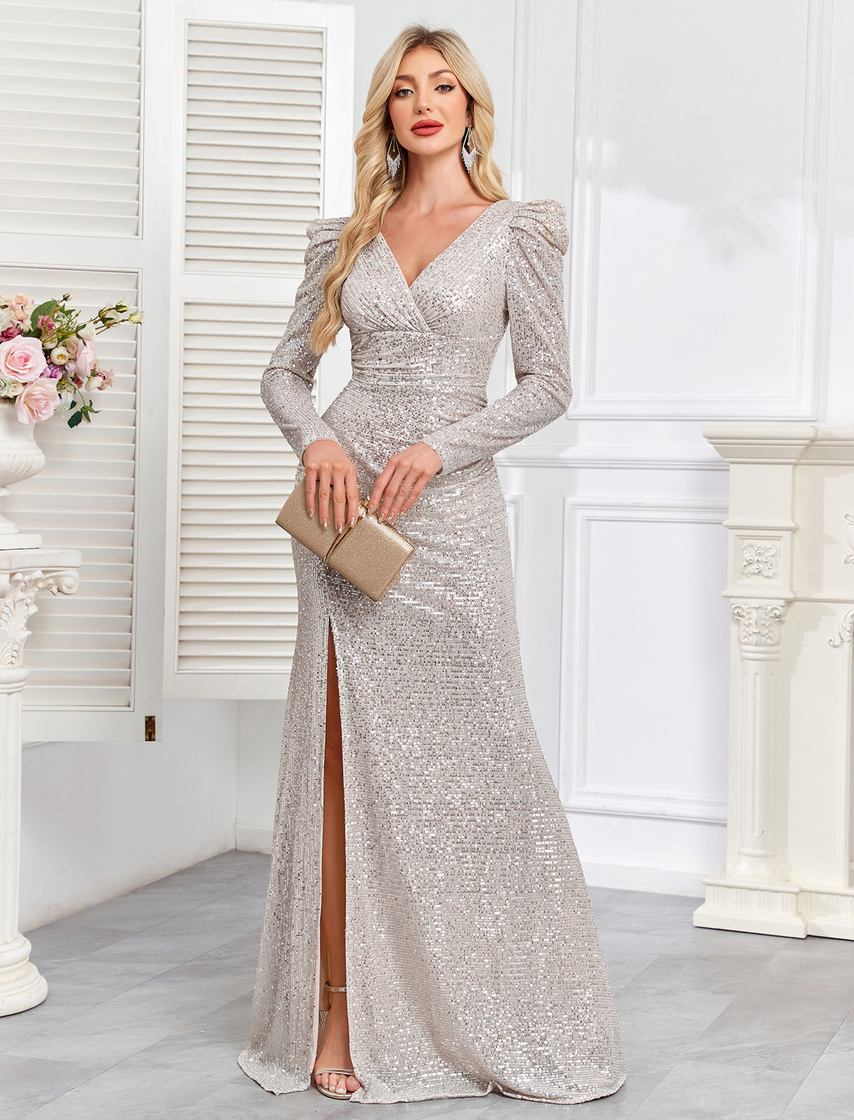 Champagne Silver Sequin Ruched Mermaid Long Evening Dress