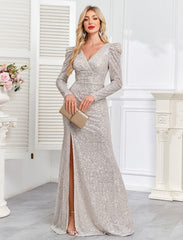 Champagne Silver Sequin Ruched Mermaid Long Evening Dress