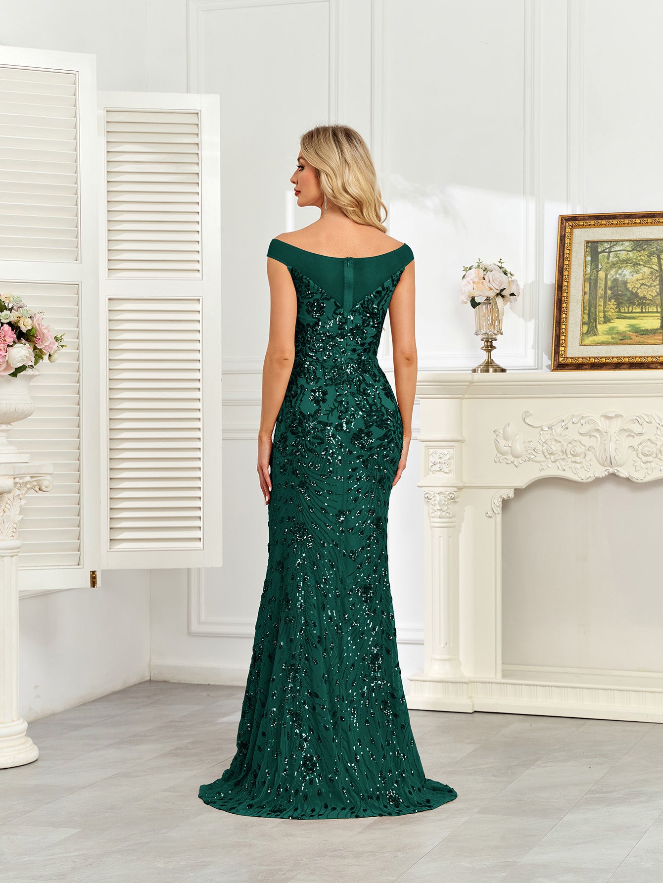 Royal Blue Sequin Off‑Shoulder Mermaid Evening Gown