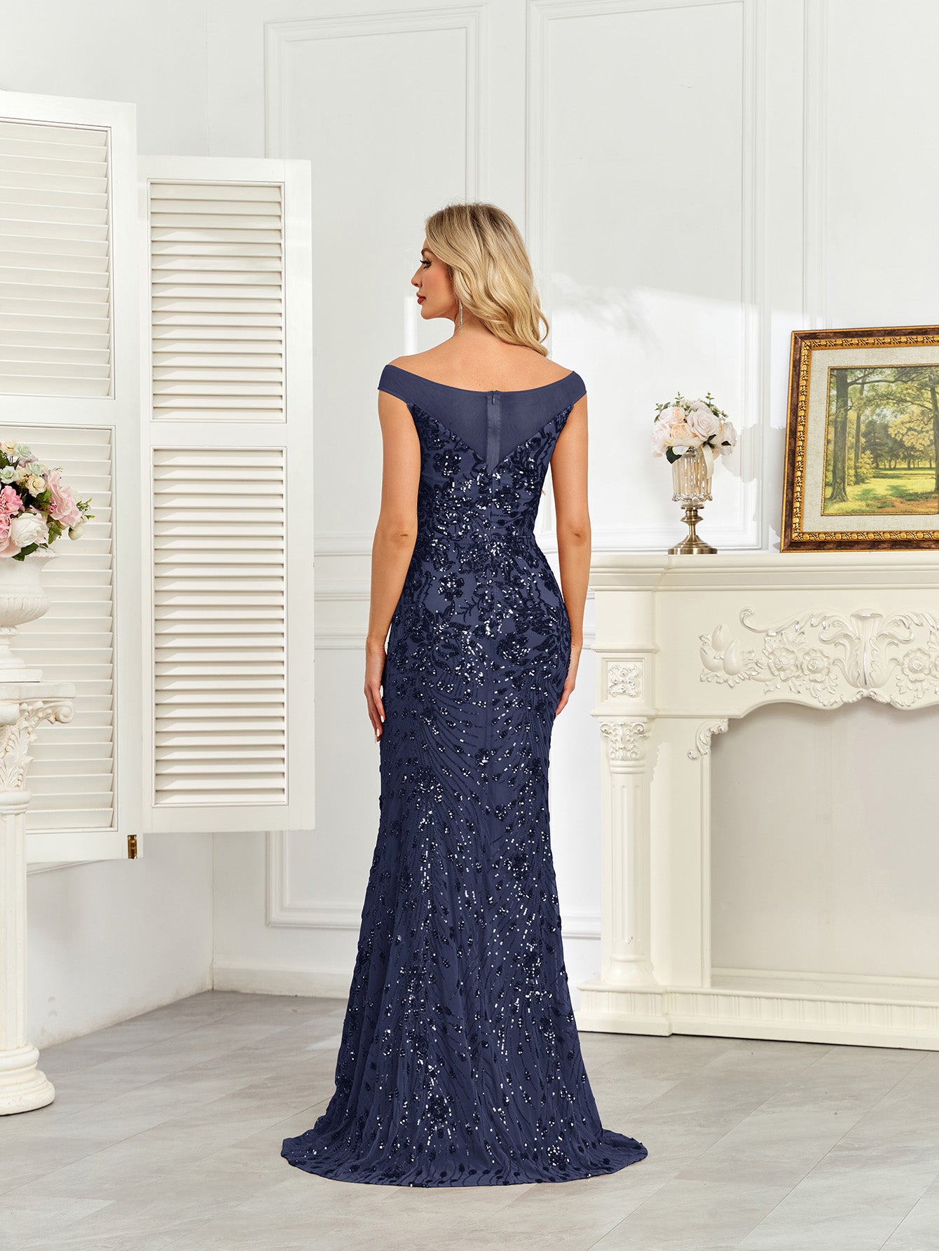 Royal Blue Sequin Off‑Shoulder Mermaid Evening Gown