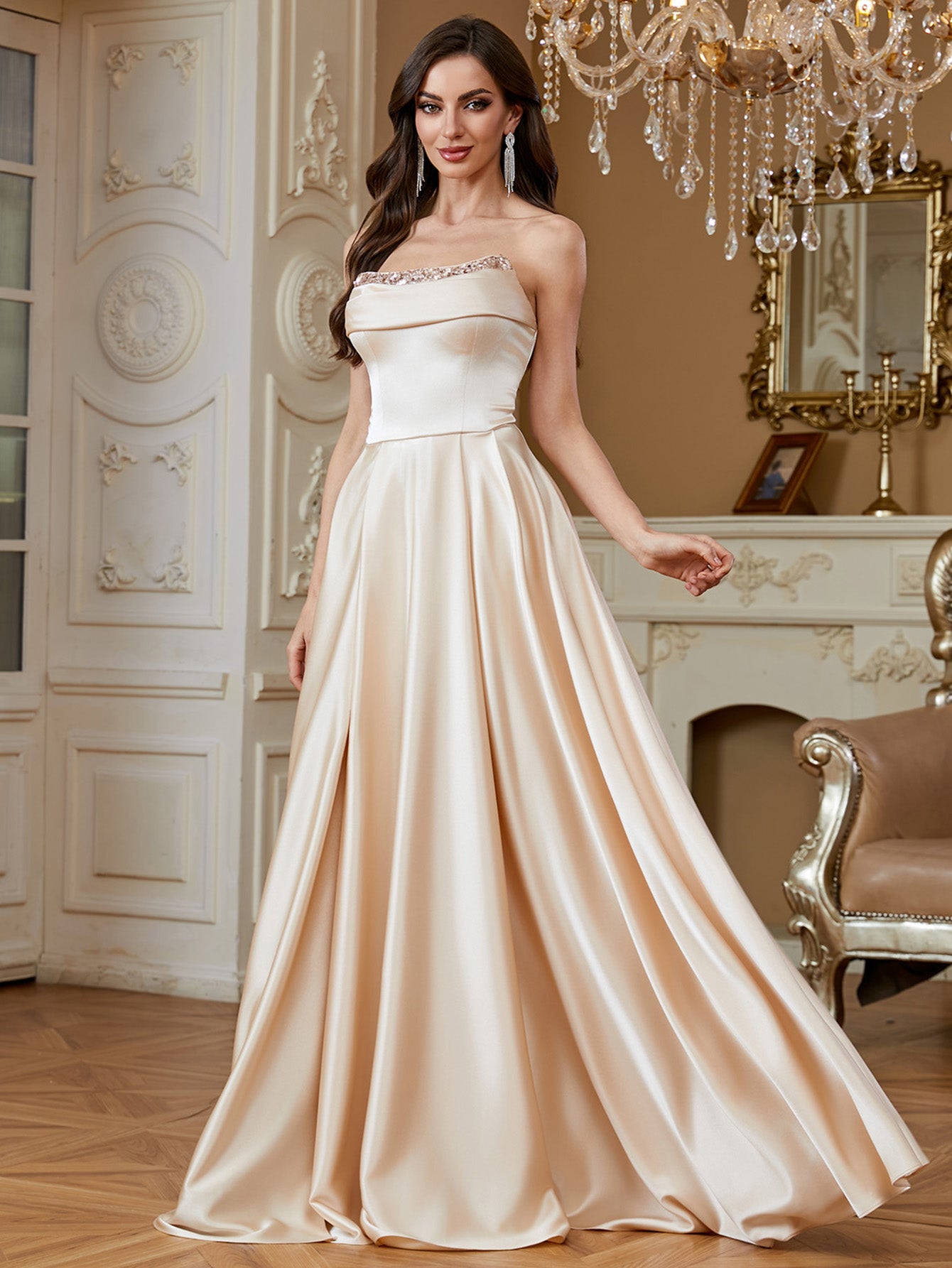 Champagne Beaded Strapless A‑Line High Slit Satin Evening Gown