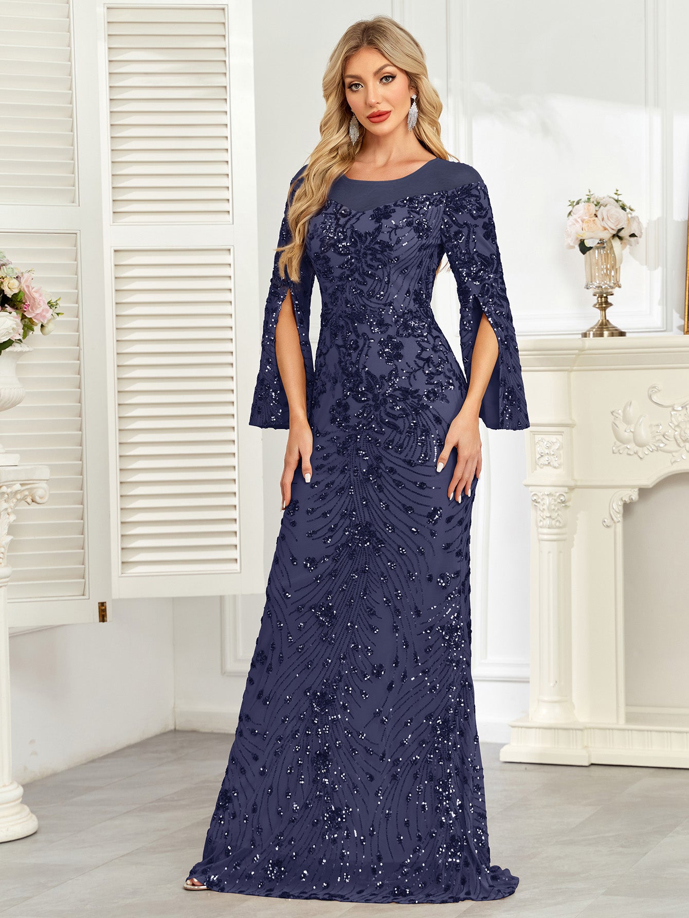 Royal Blue Sequin Split Flare‑Sleeve Mermaid Evening Gown