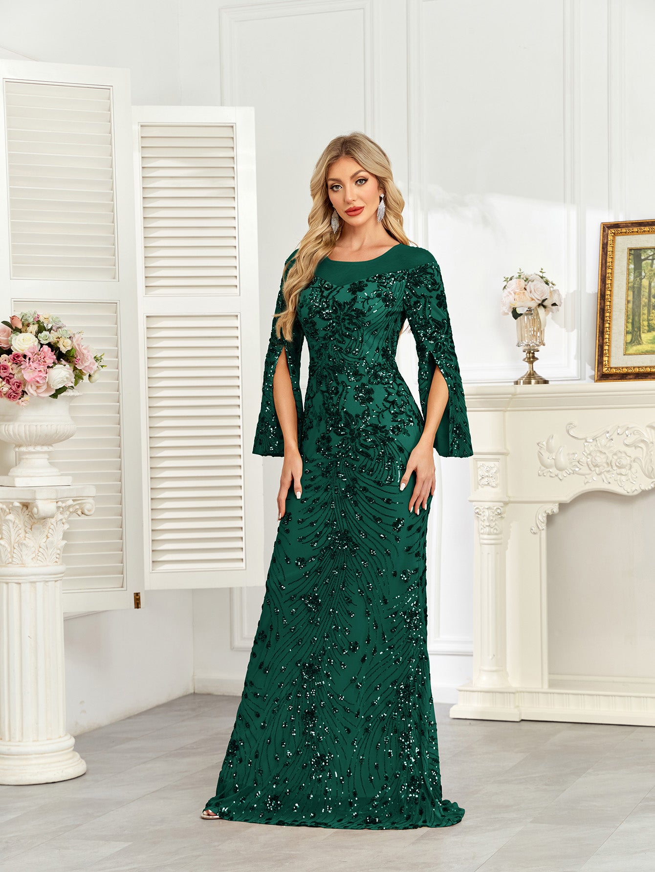 Royal Blue Sequin Split Flare‑Sleeve Mermaid Evening Gown