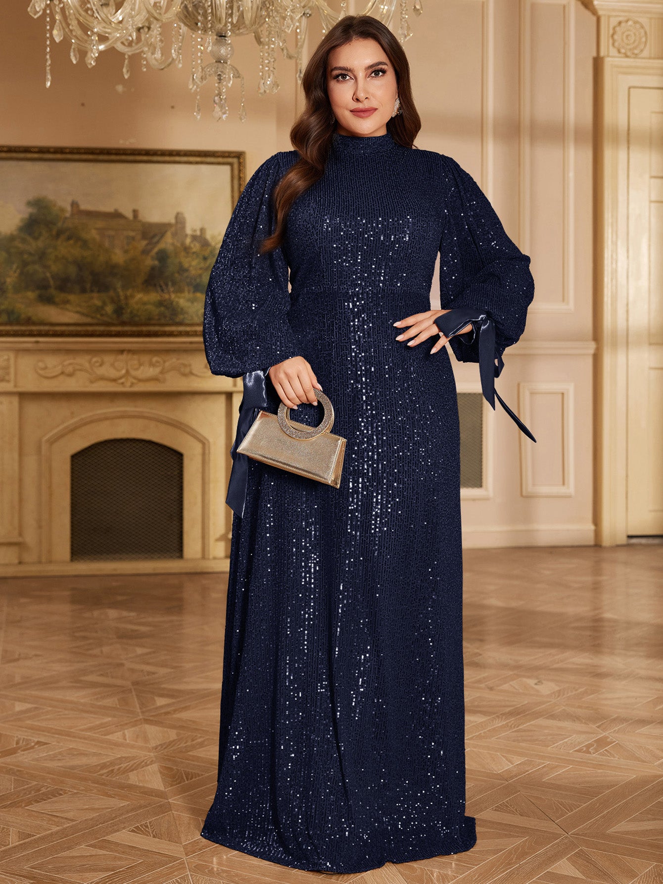 Champagne Bronze Floral Sequin Asymmetric Sleeve Mermaid Evening Gown