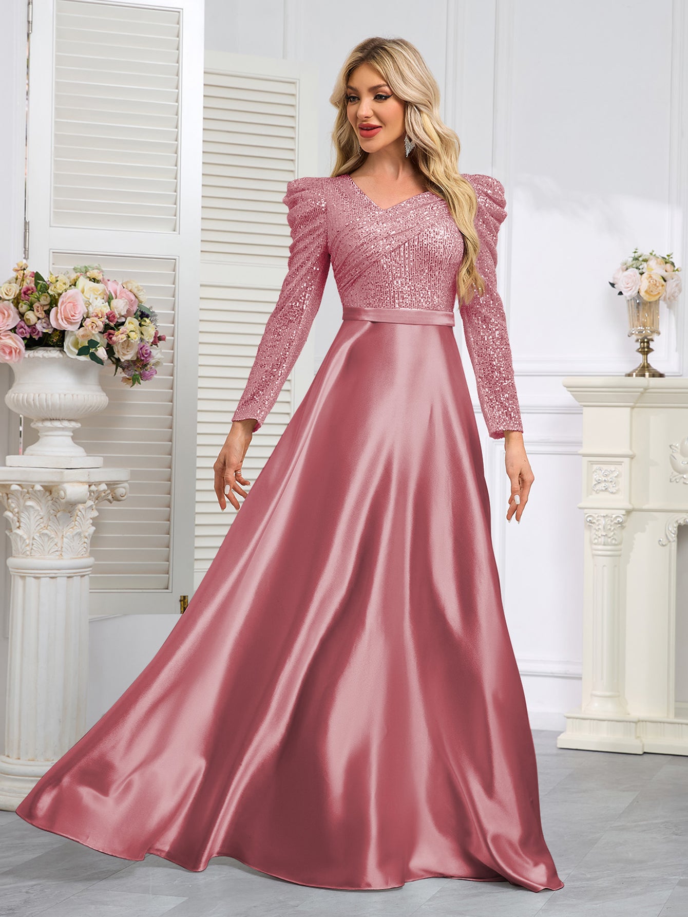Dark Blue Satin Sequin Maxi Dress