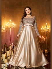 Champagne Silver Beaded High‑Waist A‑Line Plus Size Evening Gown