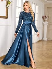 Teal Blue Sequin Satin Long Sleeve High Slit A-Line Evening Gown
