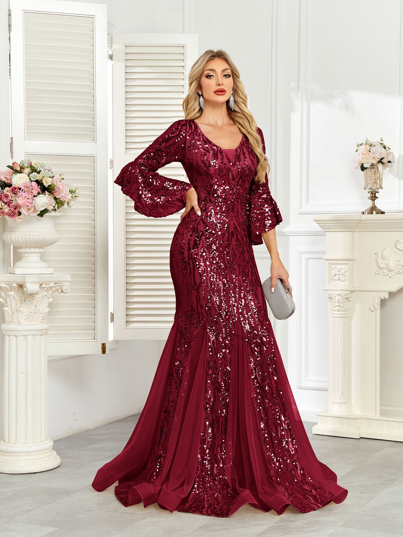 Champagne Gold Sequin Bell Sleeve Mermaid Evening Gown