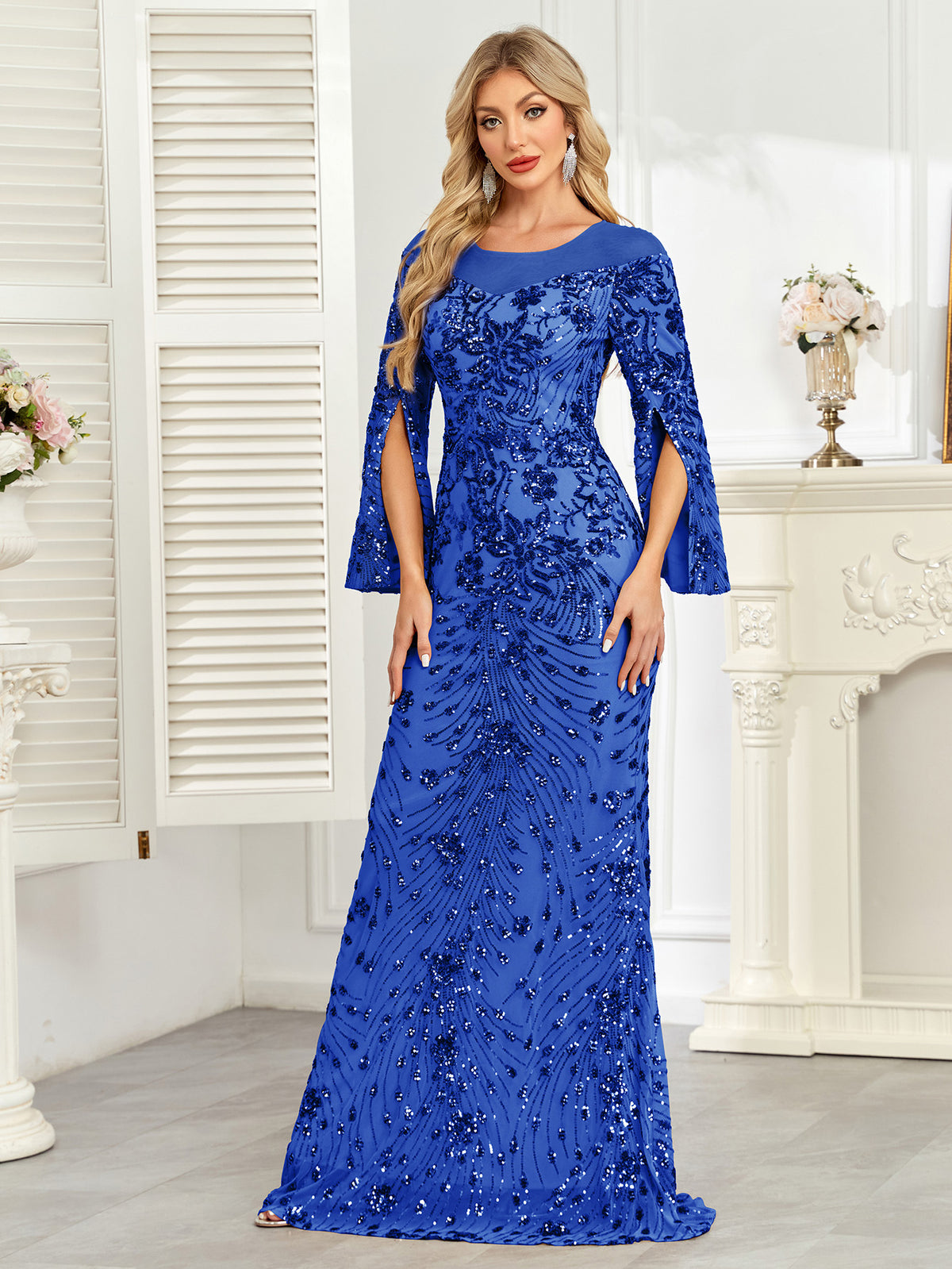 Royal Blue Sequin Split Flare‑Sleeve Mermaid Evening Gown
