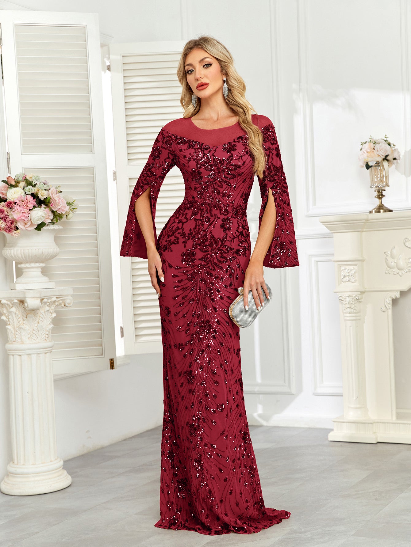 Royal Blue Sequin Split Flare‑Sleeve Mermaid Evening Gown