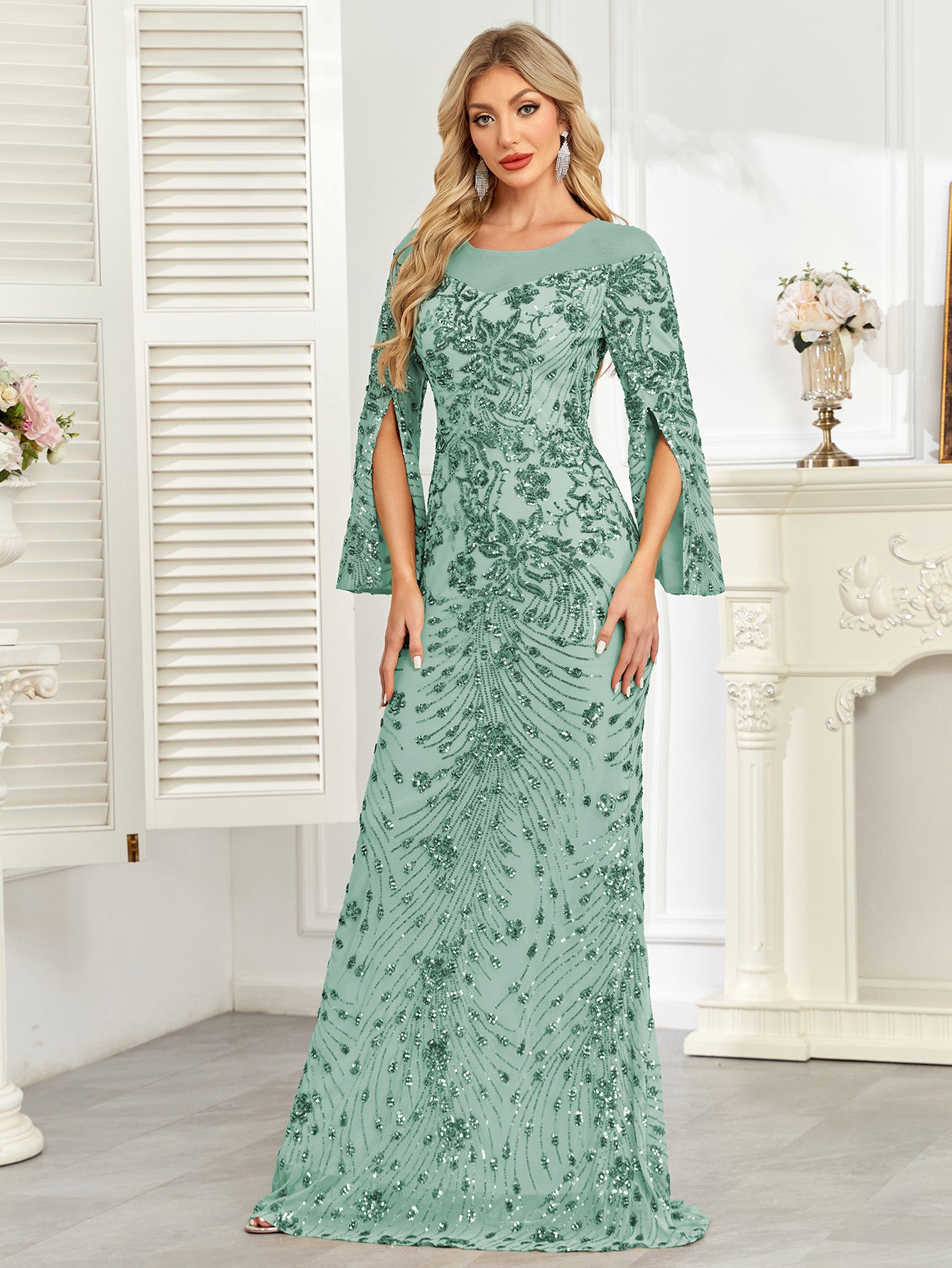 Royal Blue Sequin Split Flare‑Sleeve Mermaid Evening Gown