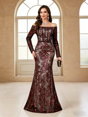 Tailored Off Shoulder Sequin Embroidered Long Dress