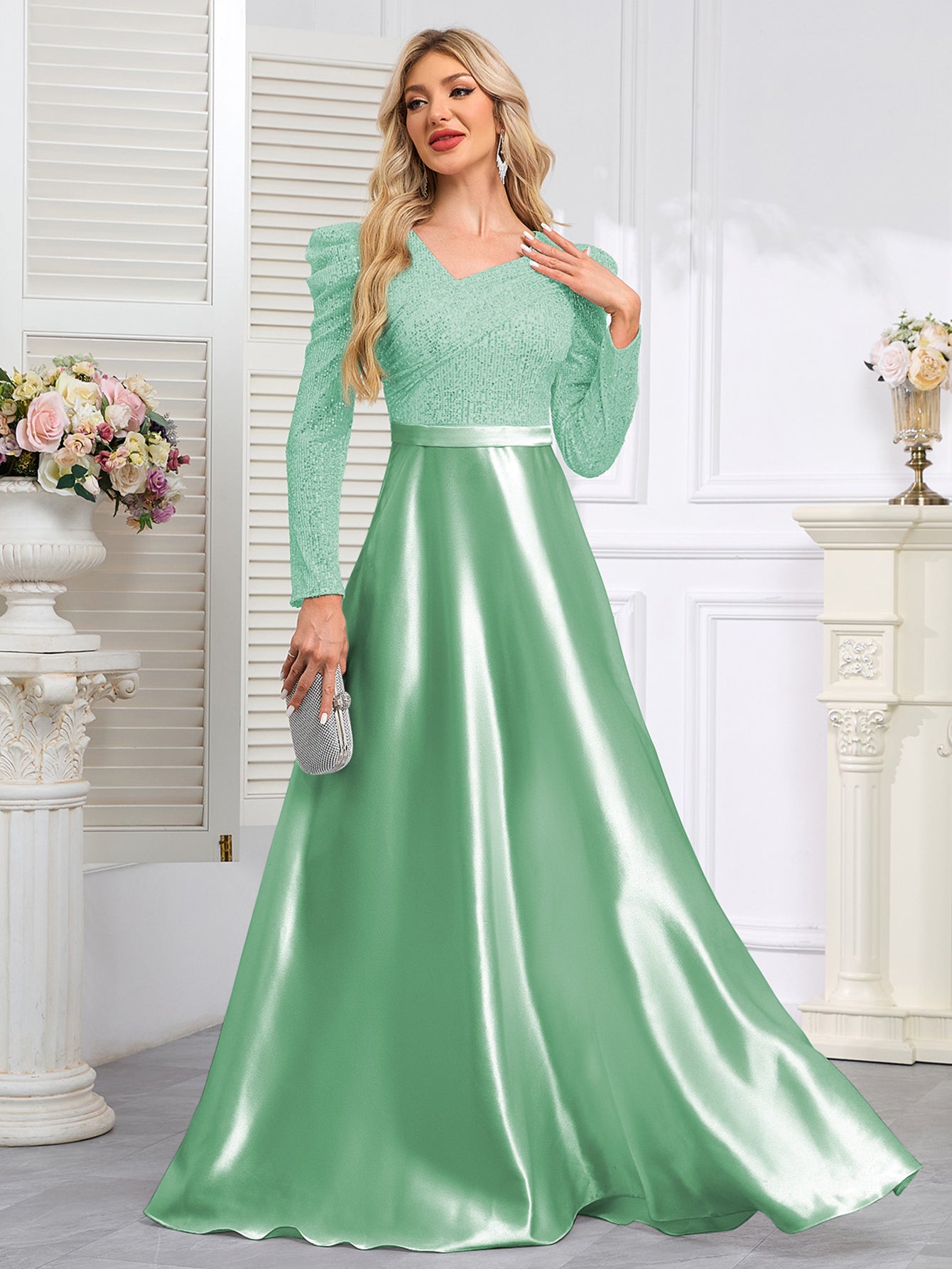Dark Blue Satin Sequin Maxi Dress