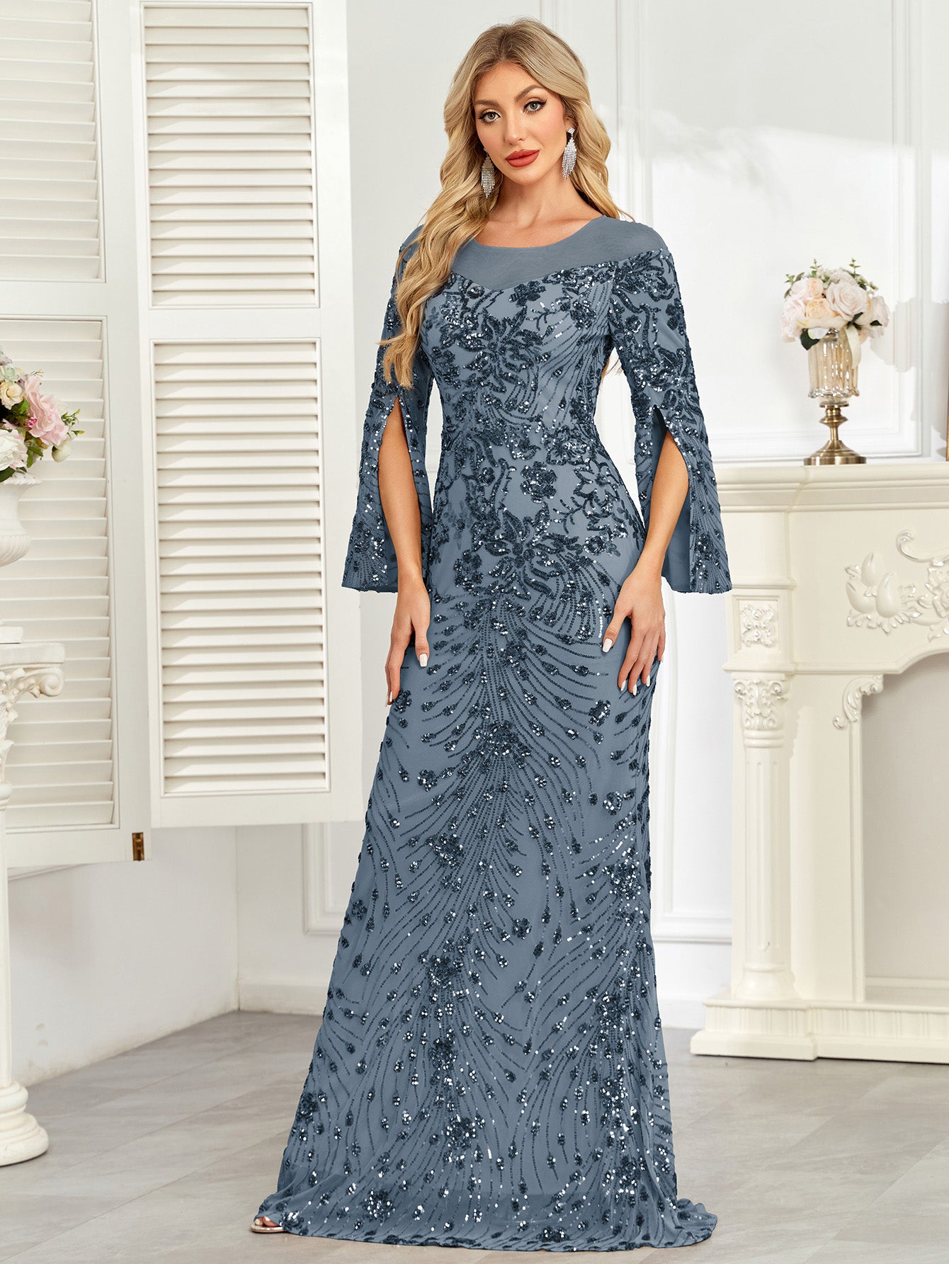 Royal Blue Sequin Split Flare‑Sleeve Mermaid Evening Gown