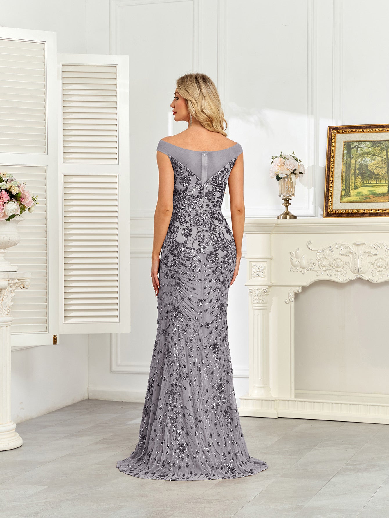 Royal Blue Sequin Off‑Shoulder Mermaid Evening Gown