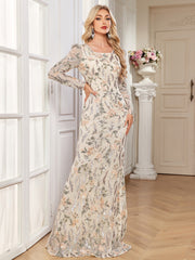 Cream Multi Floral Sequin Long Sleeve Mermaid Evening Gown