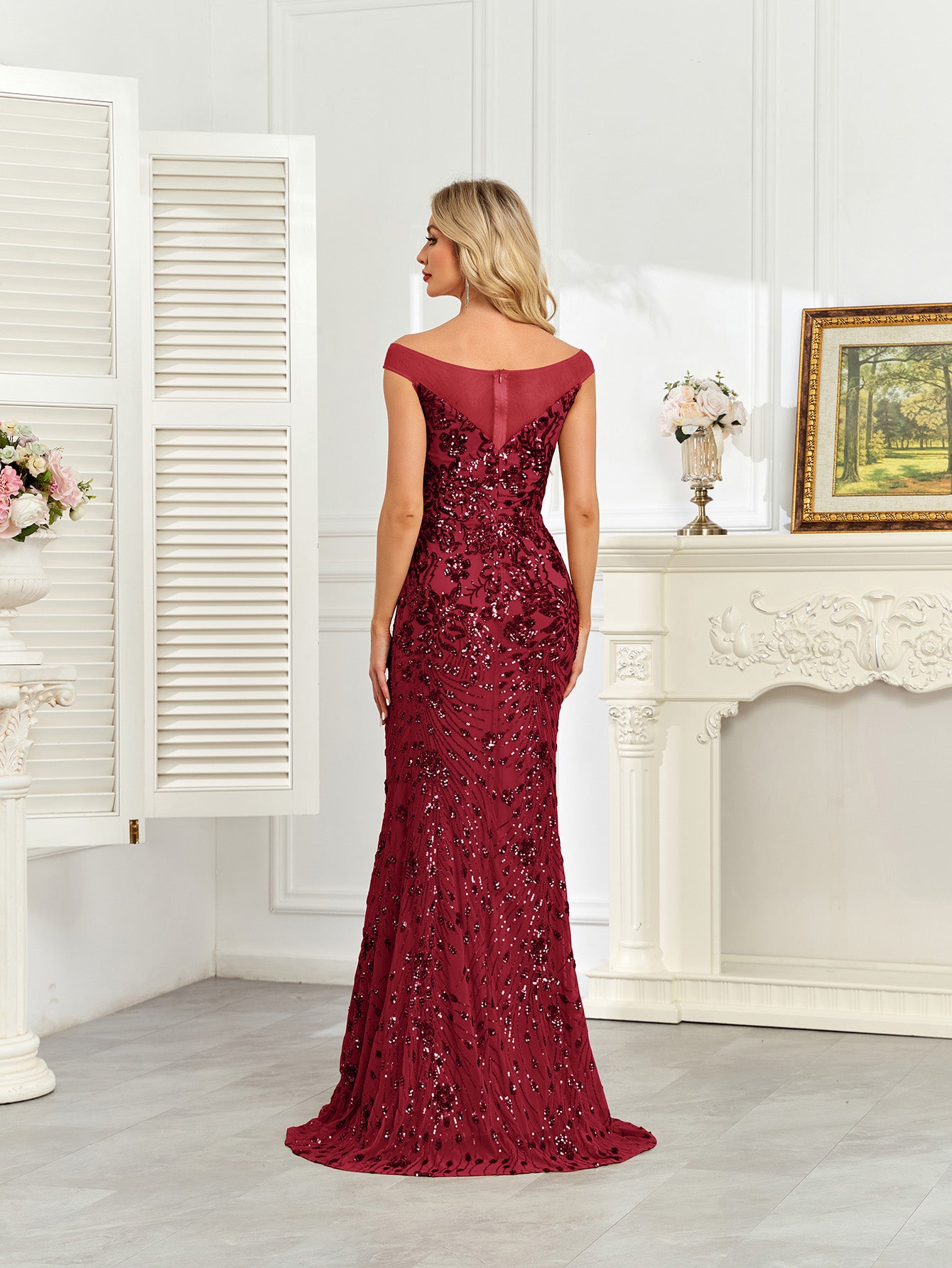Royal Blue Sequin Off‑Shoulder Mermaid Evening Gown
