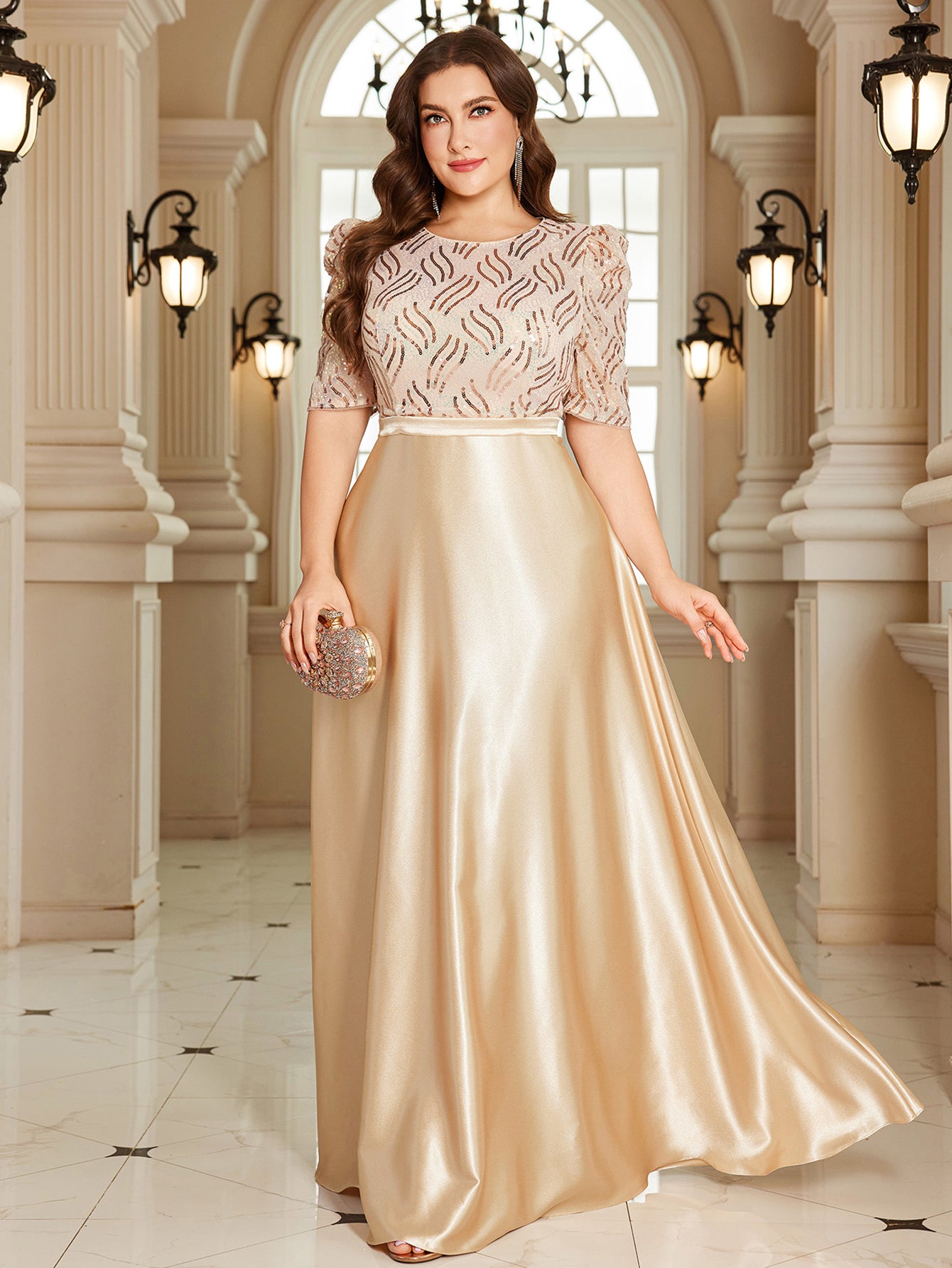 Champagne Gold Sequin Puff Sleeve High‑Waist A‑Line Maxi Gown