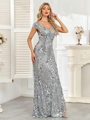 Silver Grey Sequin Cap‑Sleeve Mermaid Evening Gown