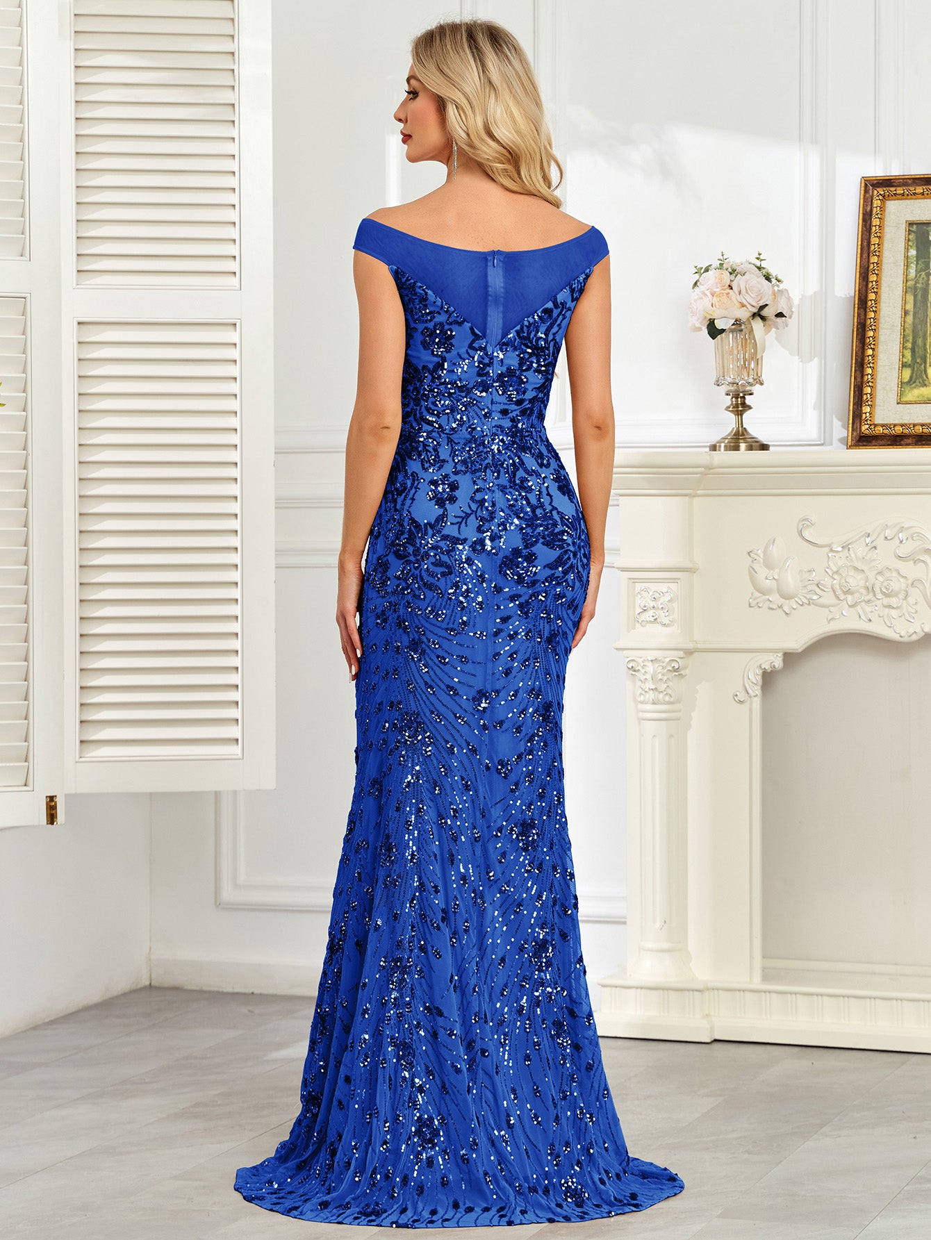 Royal Blue Sequin Off‑Shoulder Mermaid Evening Gown