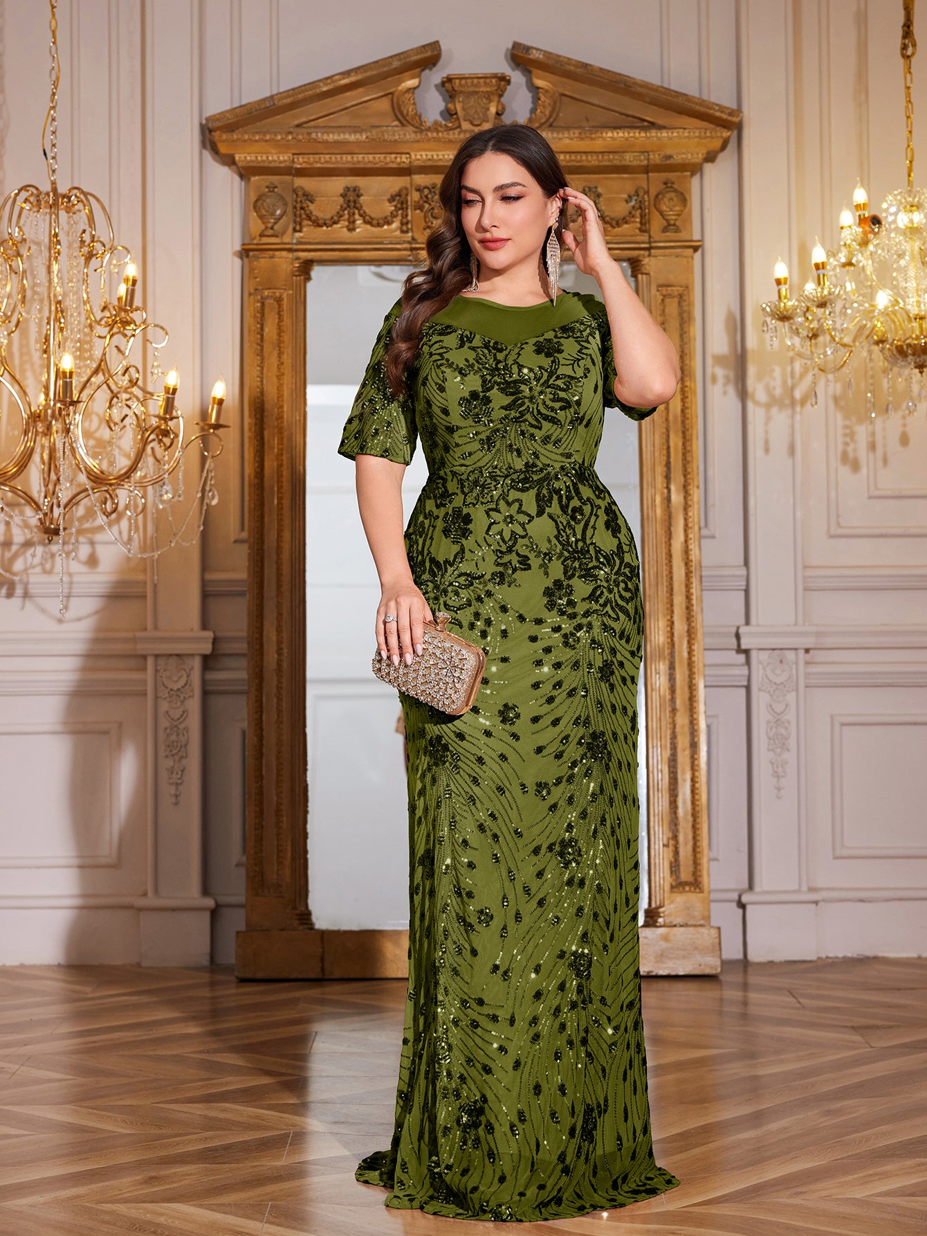 Teal Green Sequin Short Sleeve Mermaid Plus Size Evening Gown