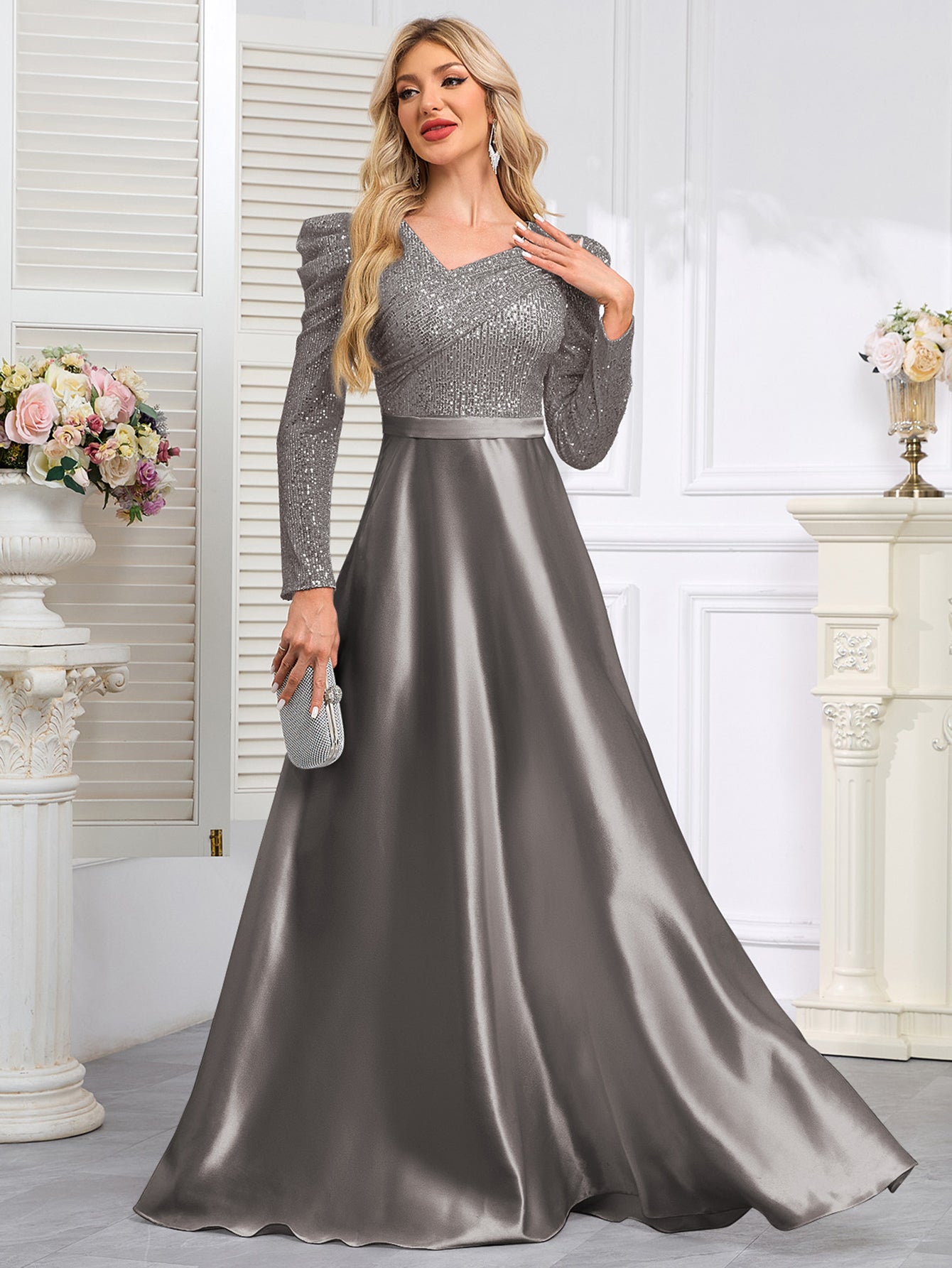 Dark Blue Satin Sequin Maxi Dress