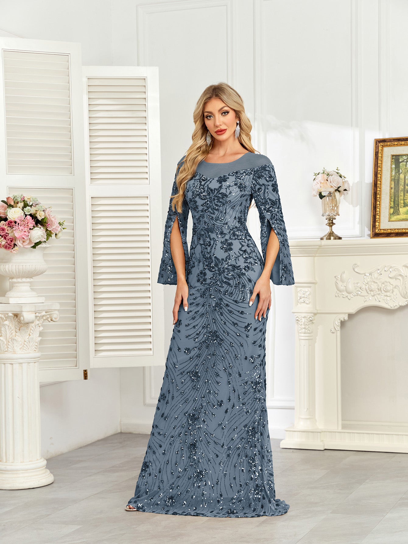 Royal Blue Sequin Split Flare‑Sleeve Mermaid Evening Gown