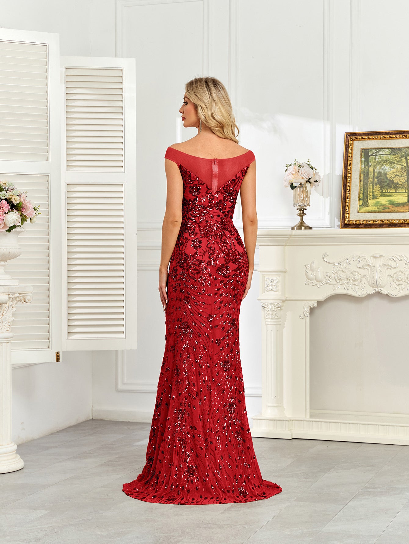 Royal Blue Sequin Off‑Shoulder Mermaid Evening Gown