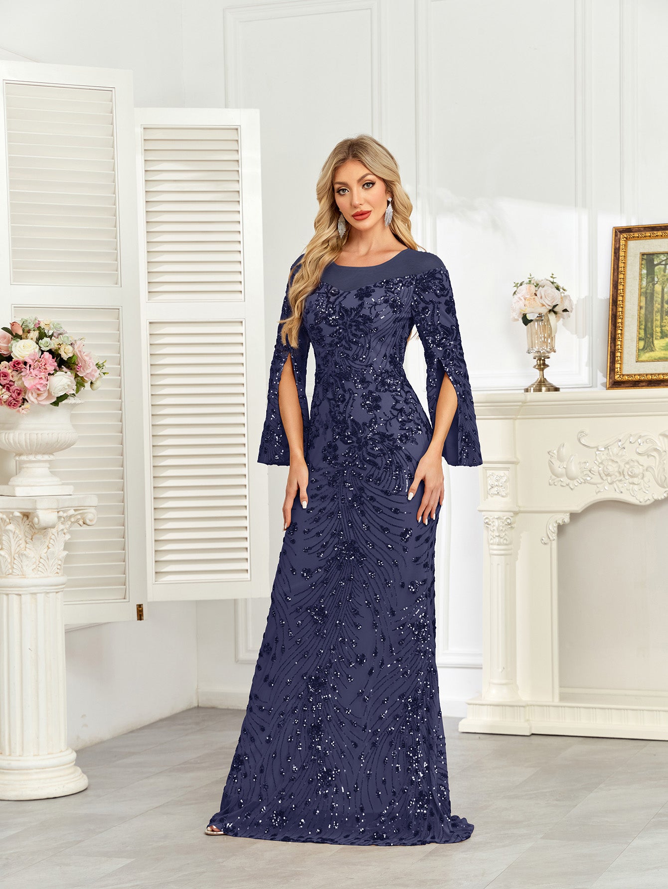 Royal Blue Sequin Split Flare‑Sleeve Mermaid Evening Gown